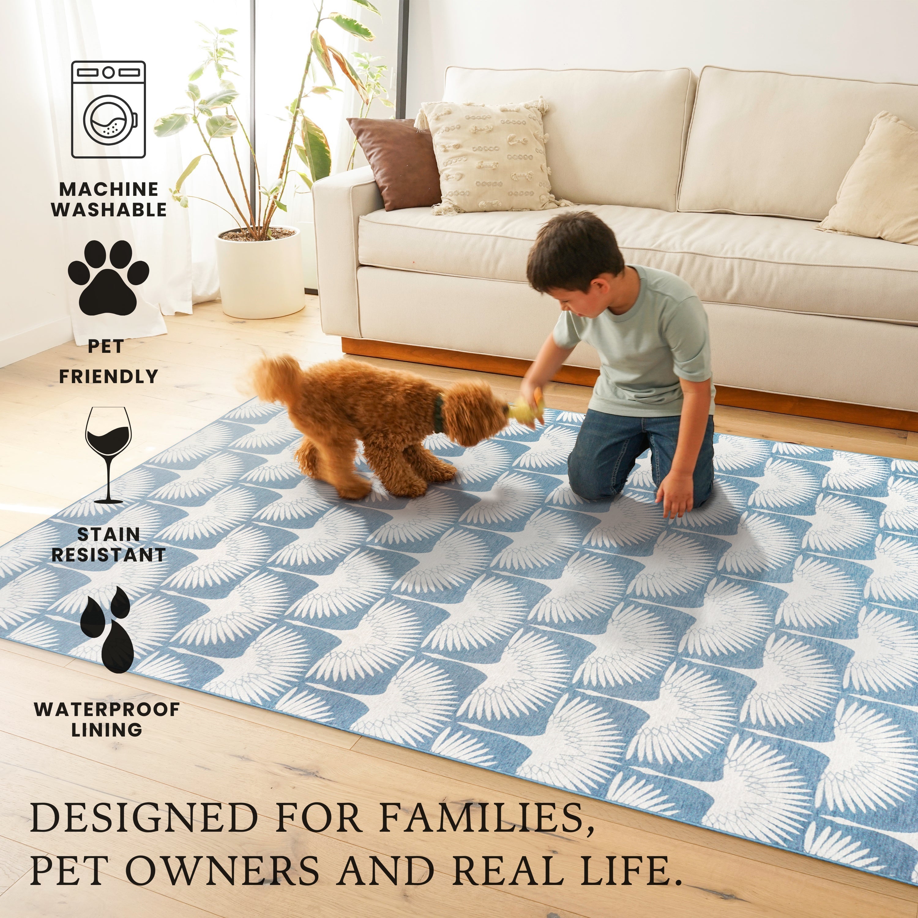 Flock Colfax Blue Bedroom Washble Rug