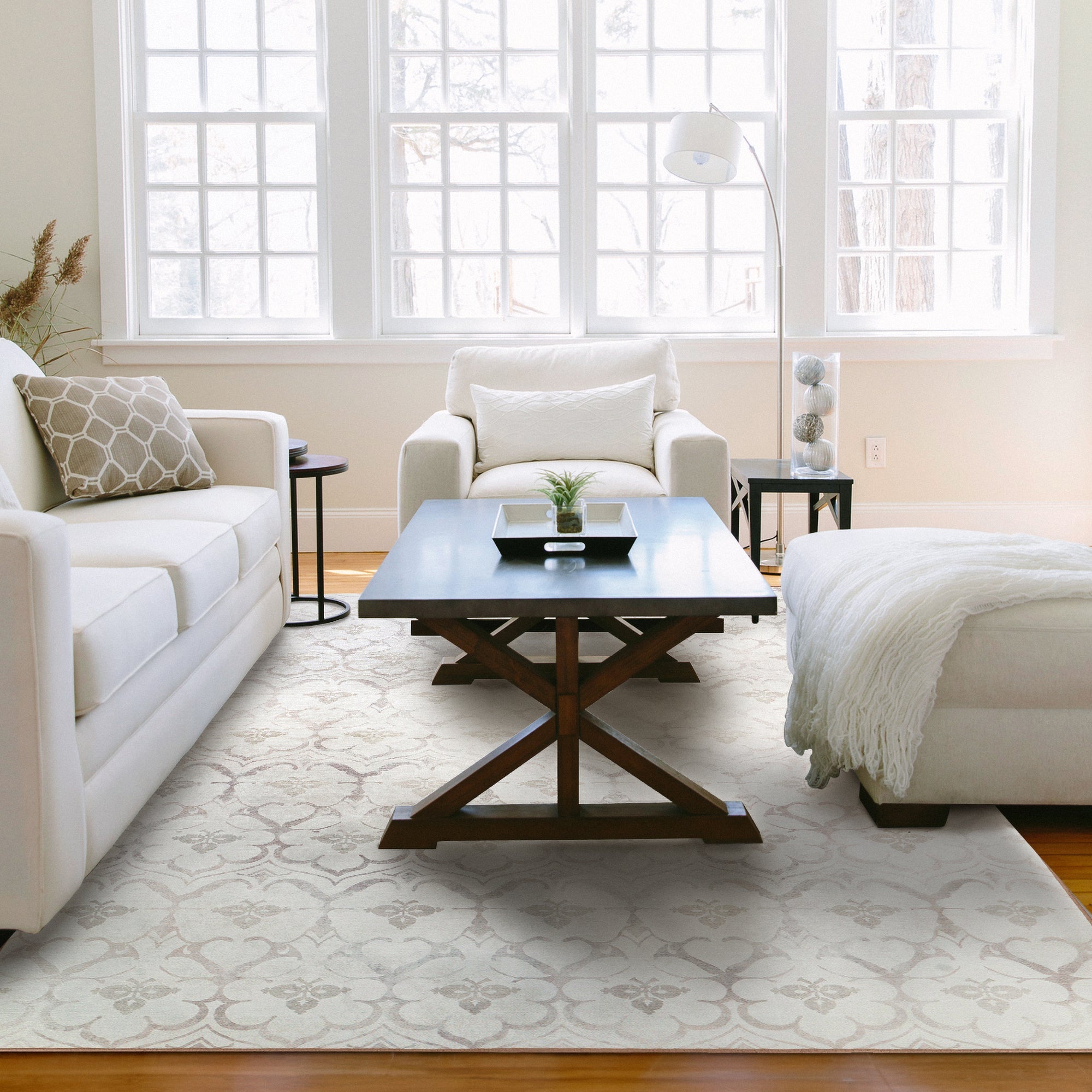 Leilani Damask Ivory Dining Room Washable Rug