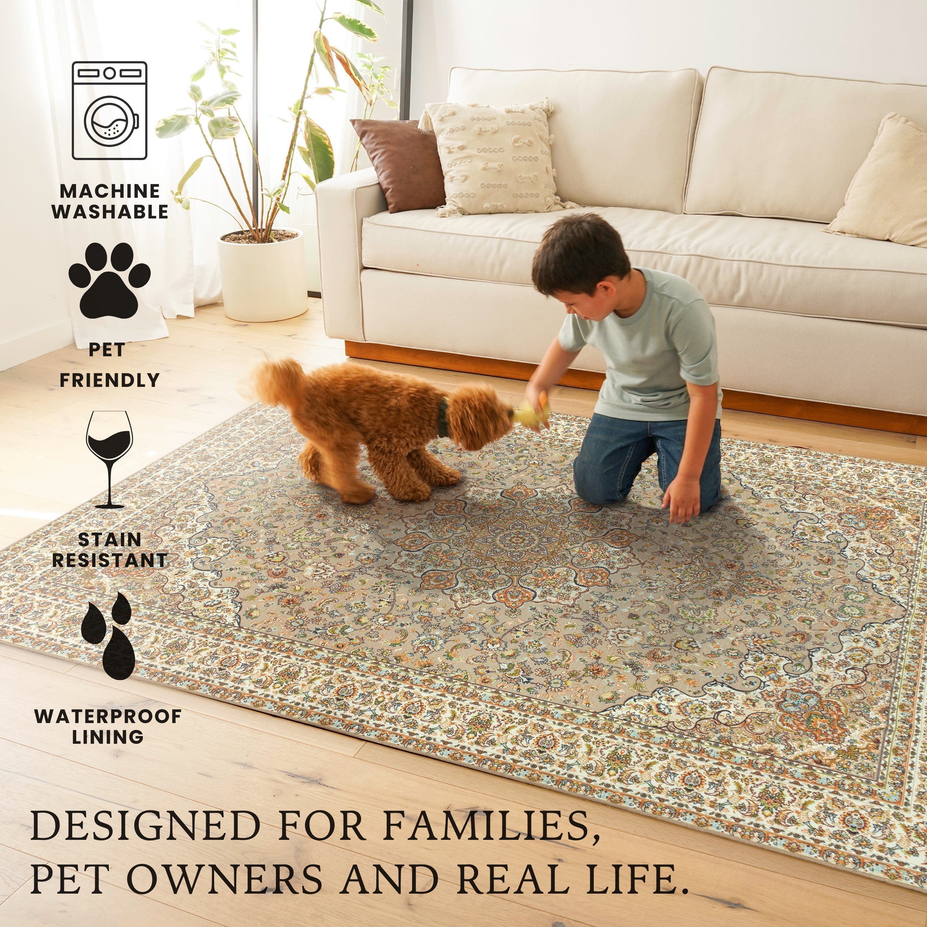 Kenya Beige Dining Room Washable Rug