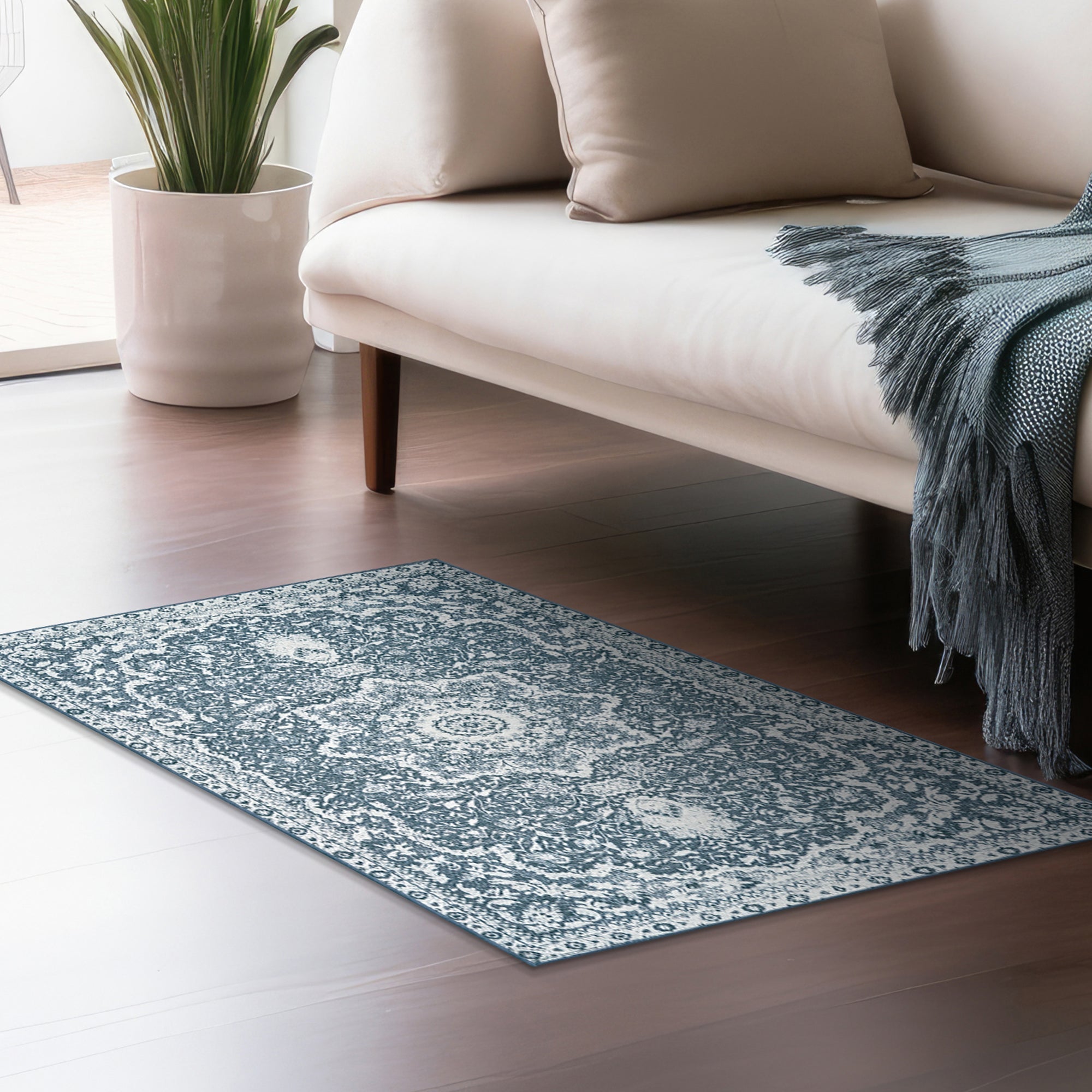 Parviz Blue Dining Room Washable Rug