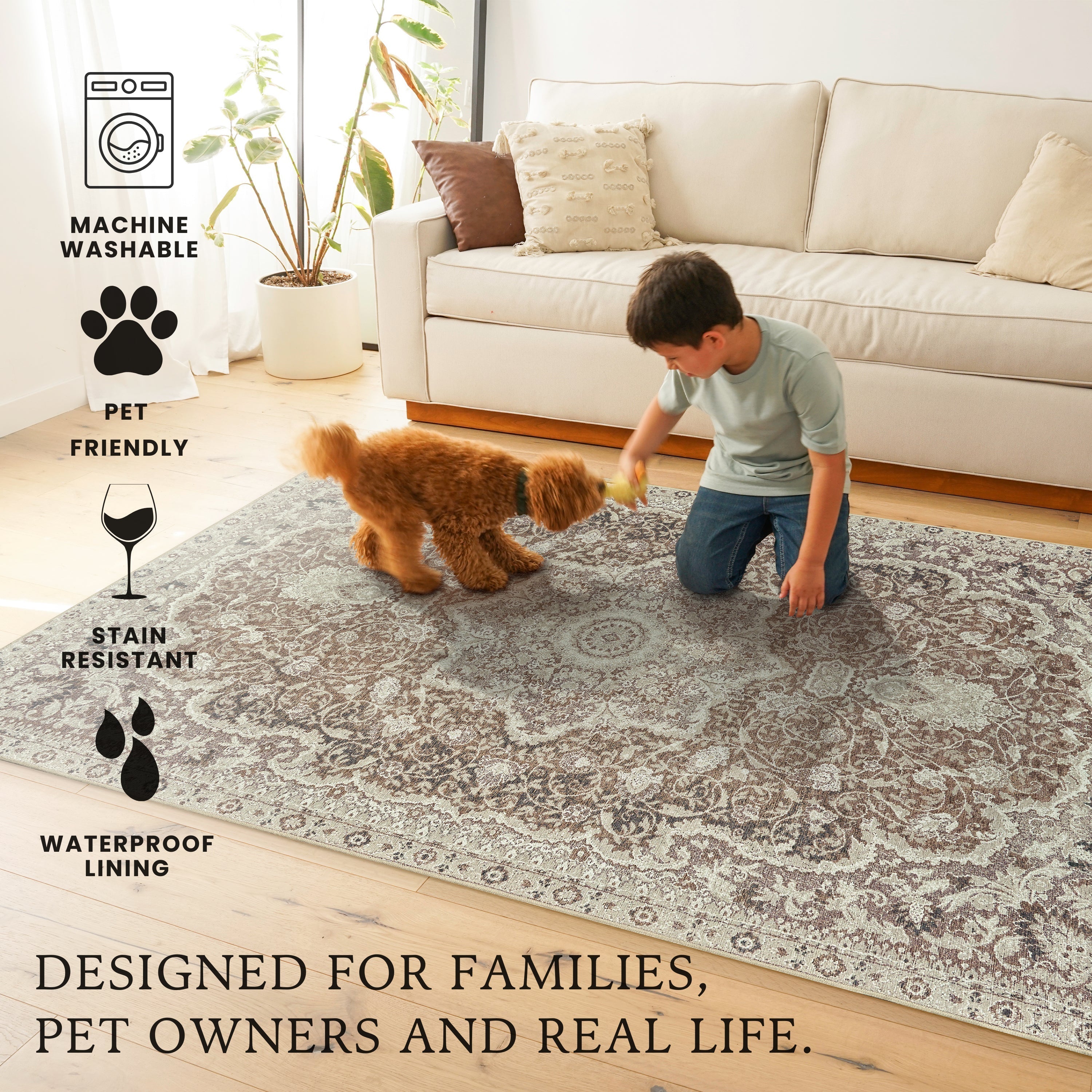 Parviz Brown Dining Room Washable Rug