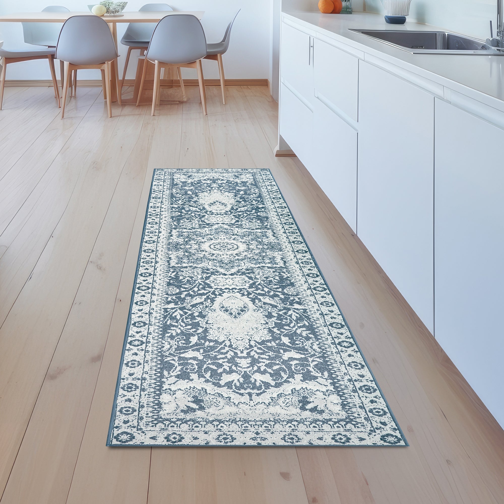 Parviz Blue Dining Room Washable Rug