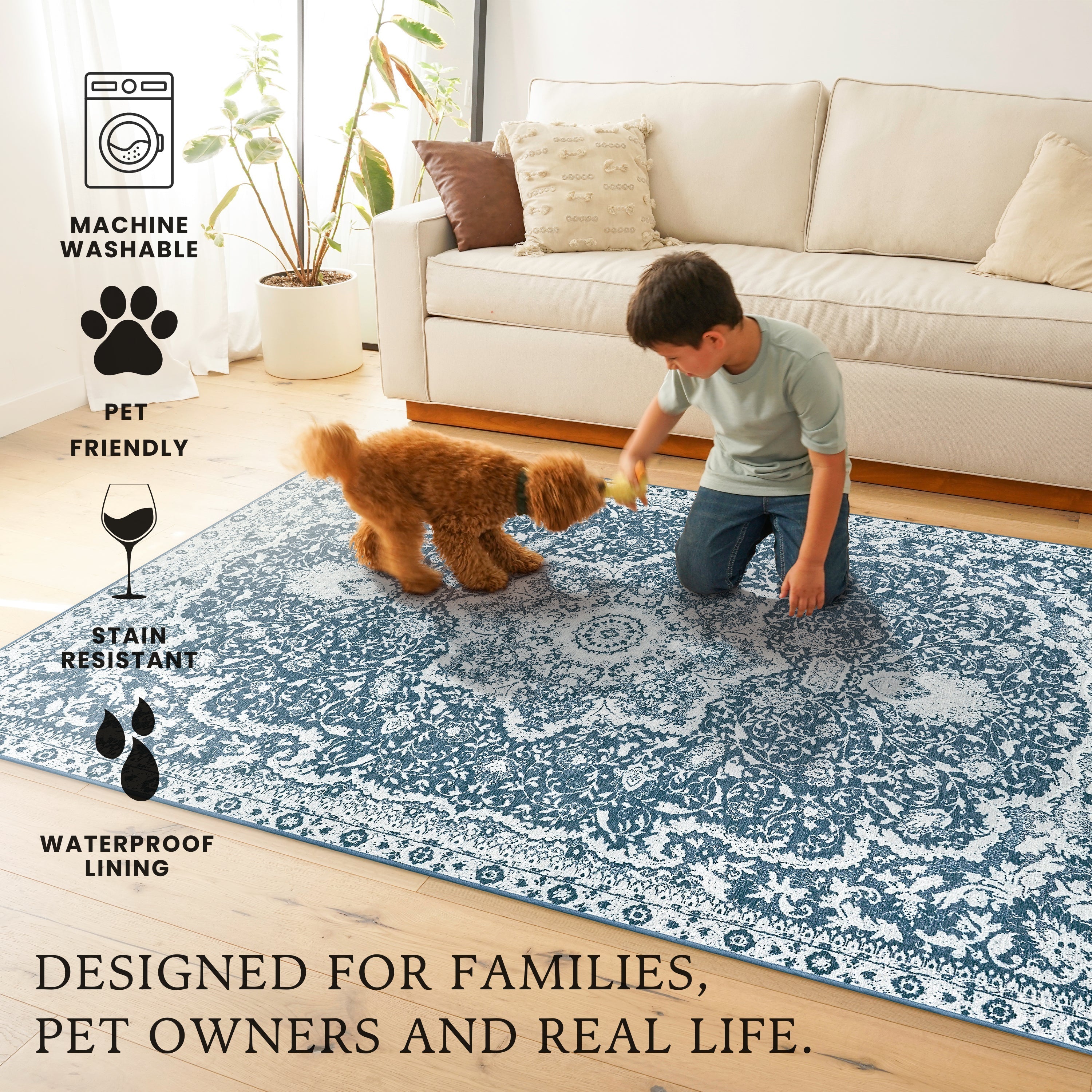 Parviz Blue Dining Room Washable Rug