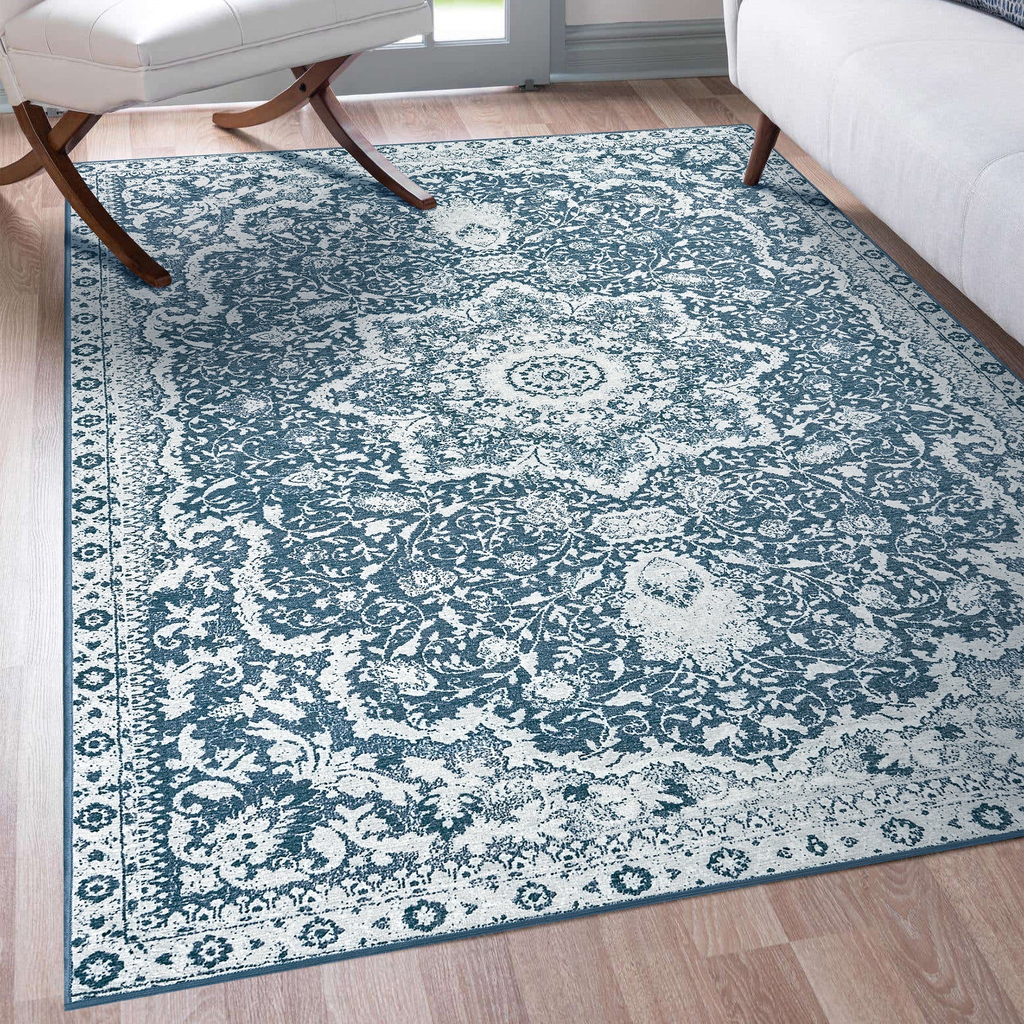 Parviz Blue Dining Room Washable Rug