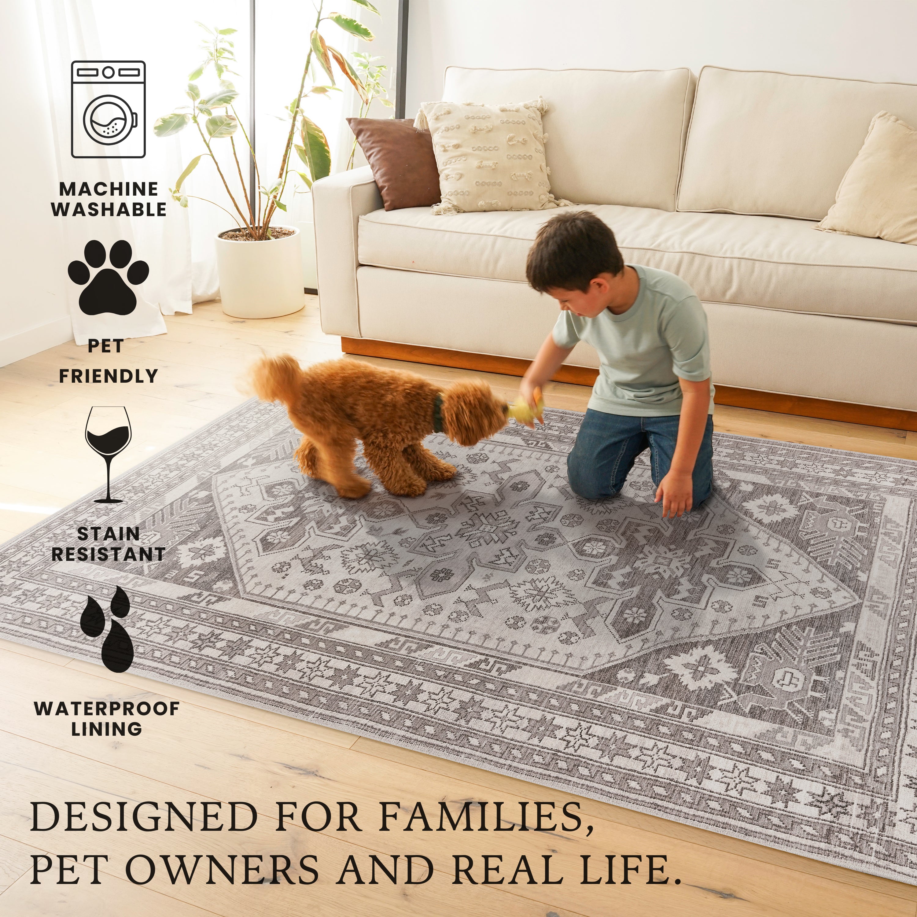 Saraz Grey Silver Dining Room Washable Rug