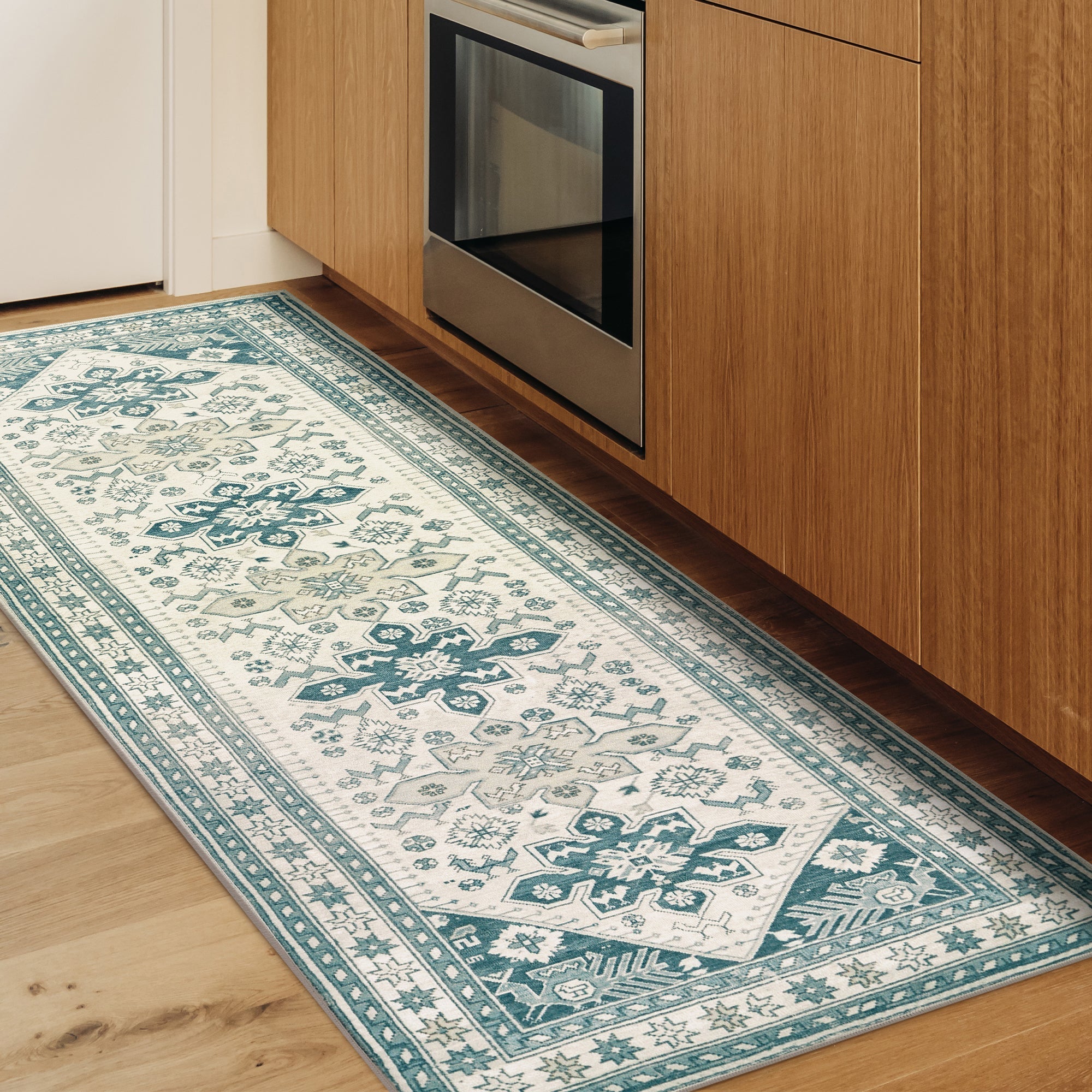 Saraz Teal Dining Room Washable Rug