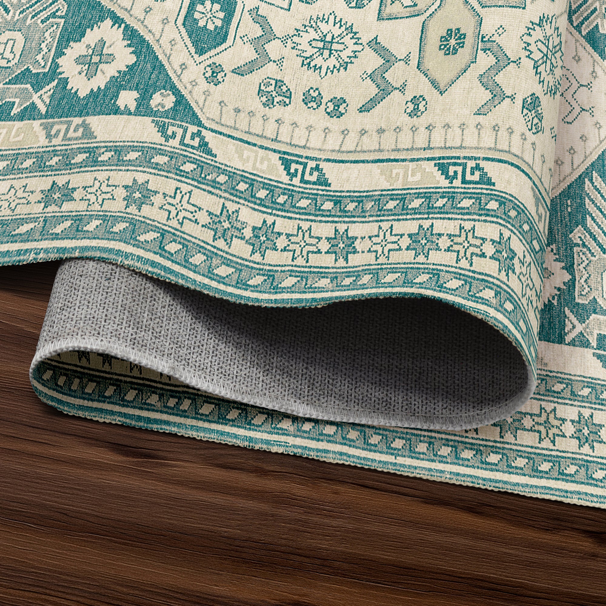 Saraz Teal Hallway Washable Rug