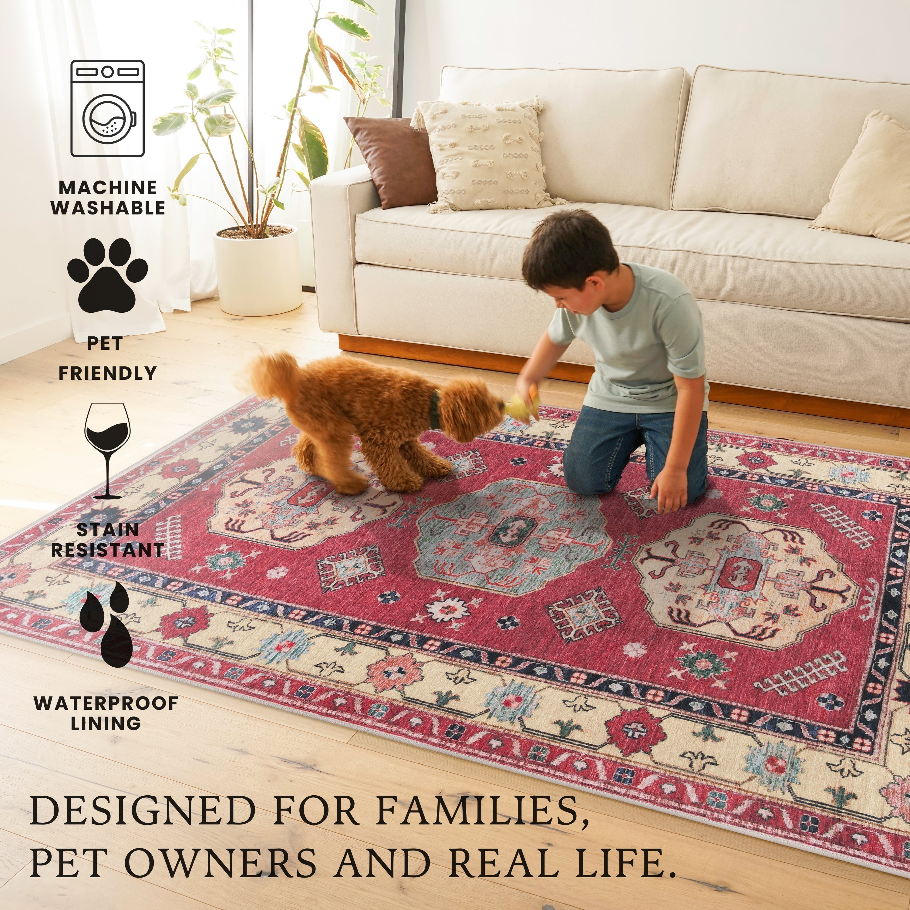 Shary Coral Dining Room Washable Rug