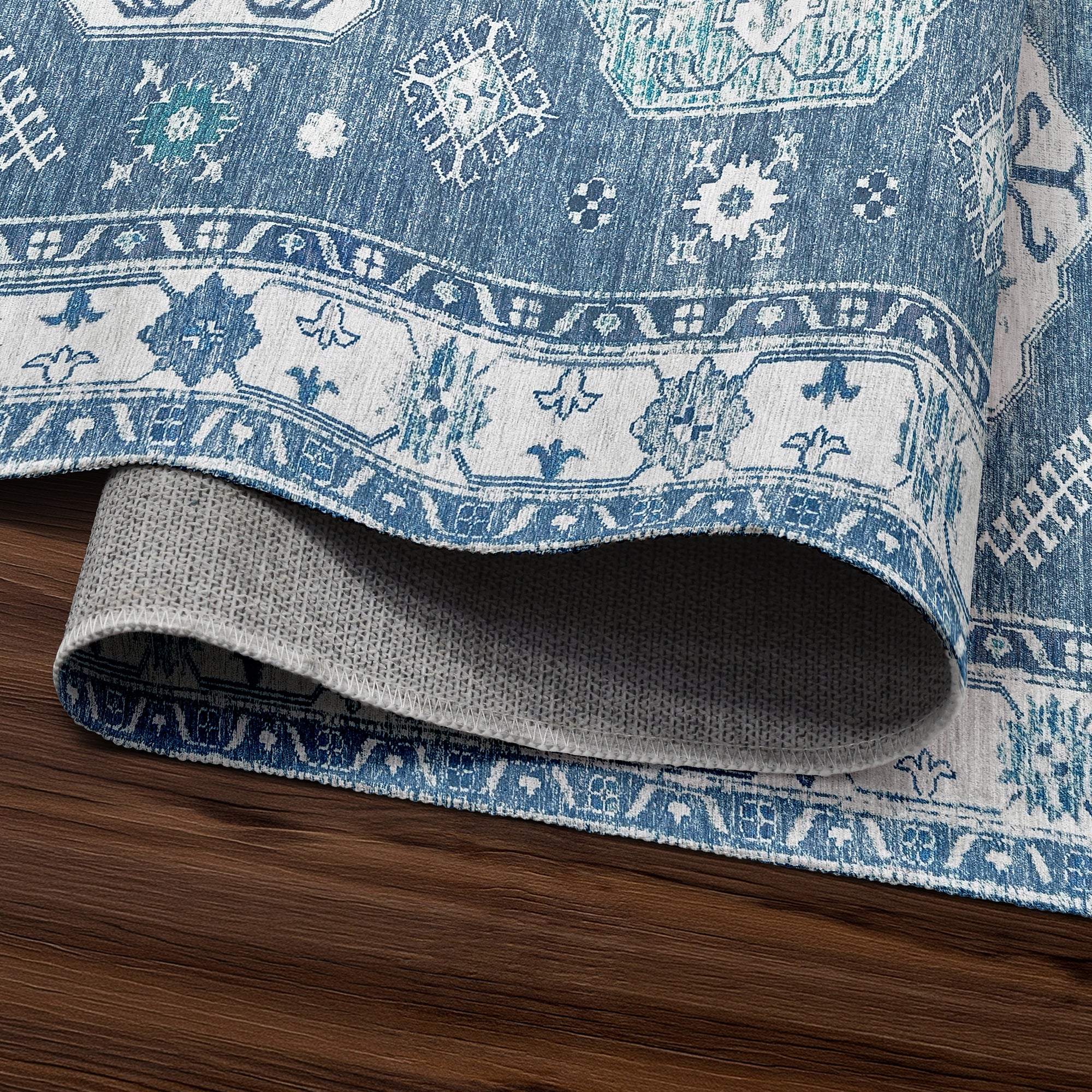 Shary Blue Hallway Washable Rug