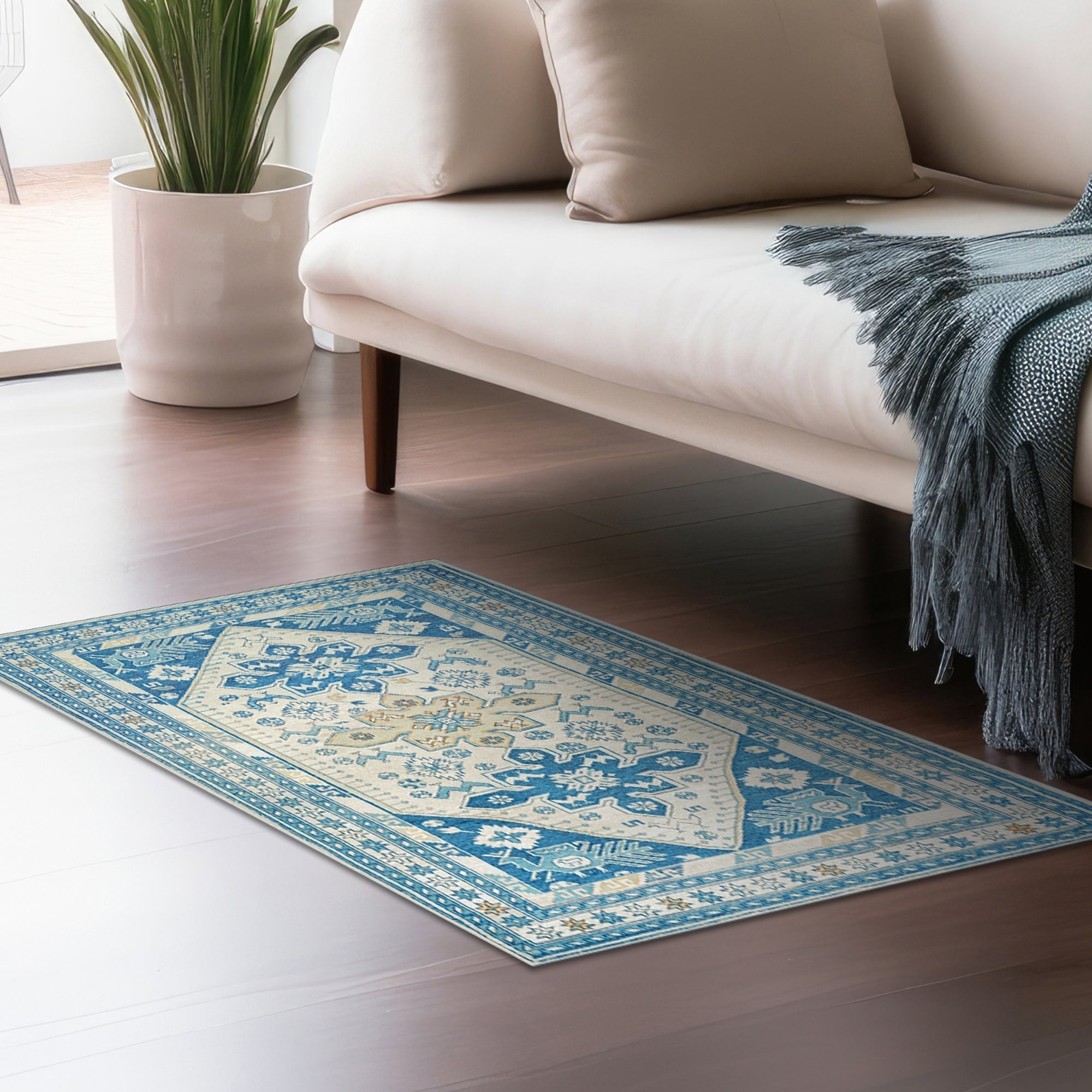 Saraz Blue Dining Room Washable Rug