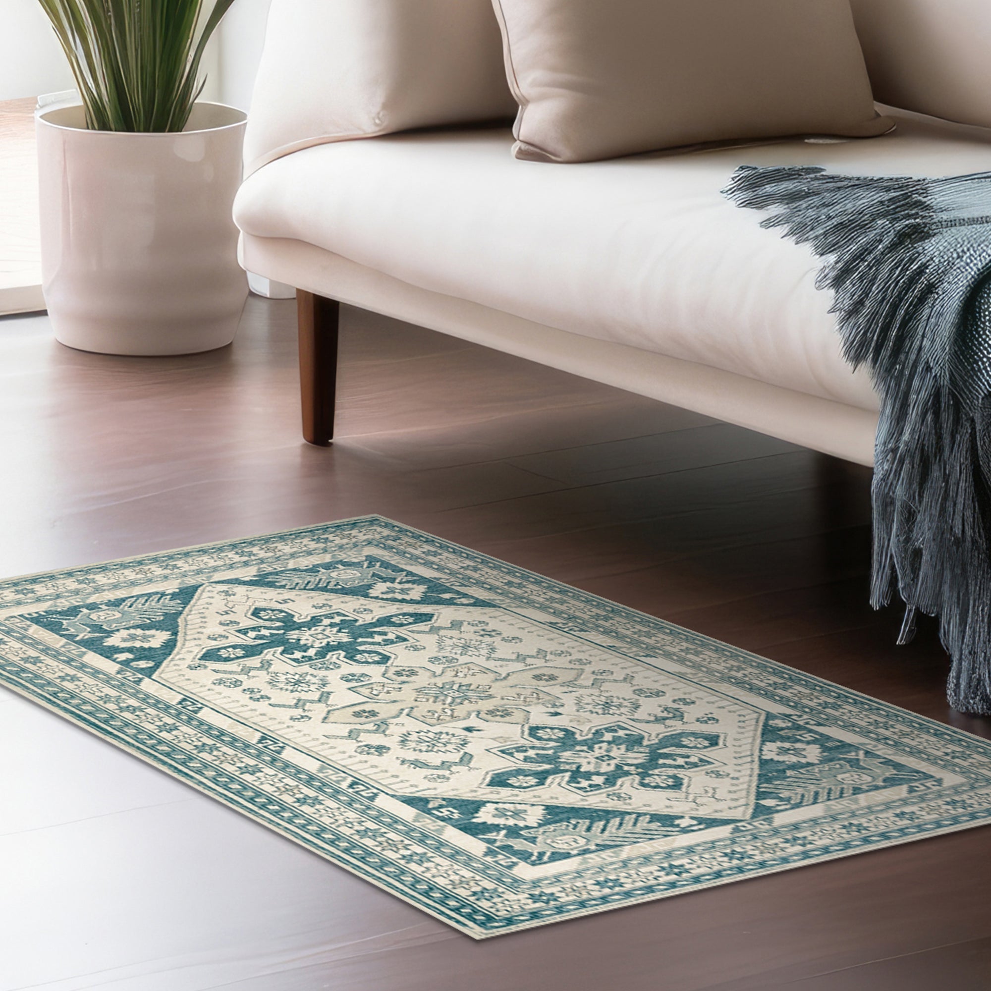 Saraz Teal Dining Room Washable Rug