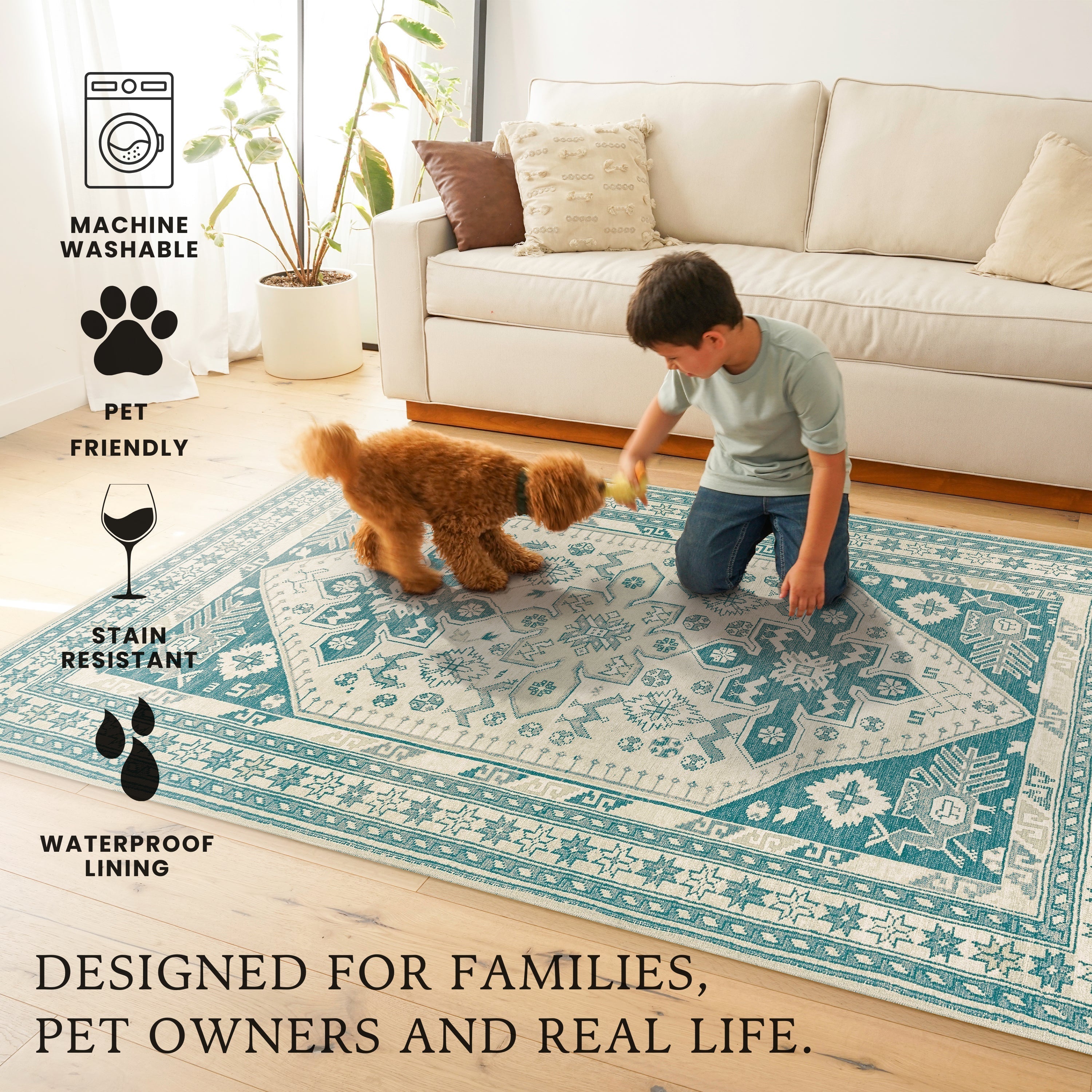 Saraz Teal Dining Room Washable Rug