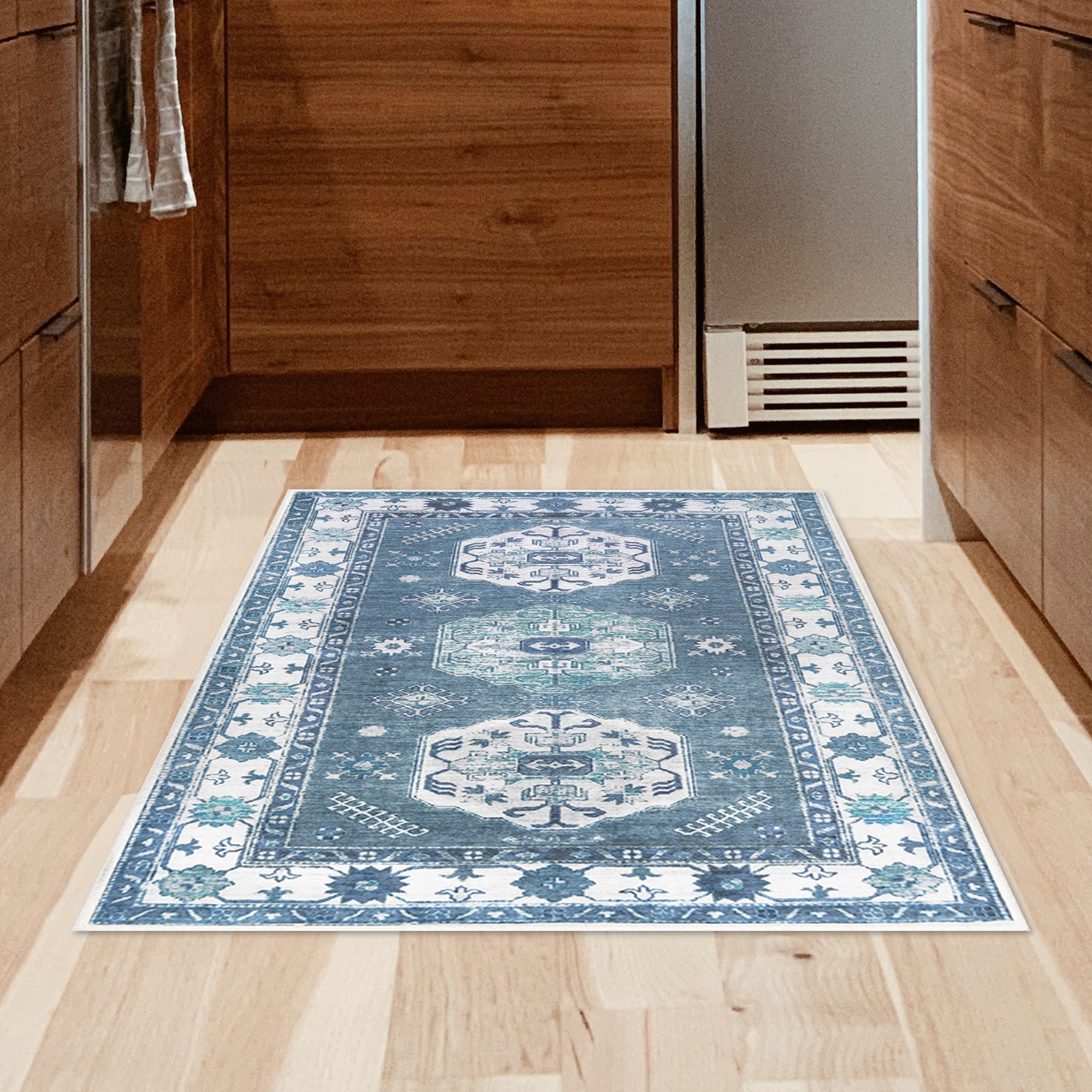 Shary Blue Dining Room Washable Rug