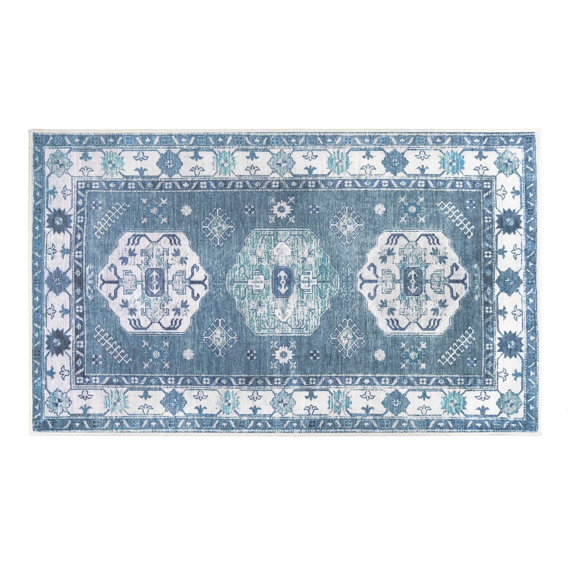 Shary Blue Dining Room Washable Rug