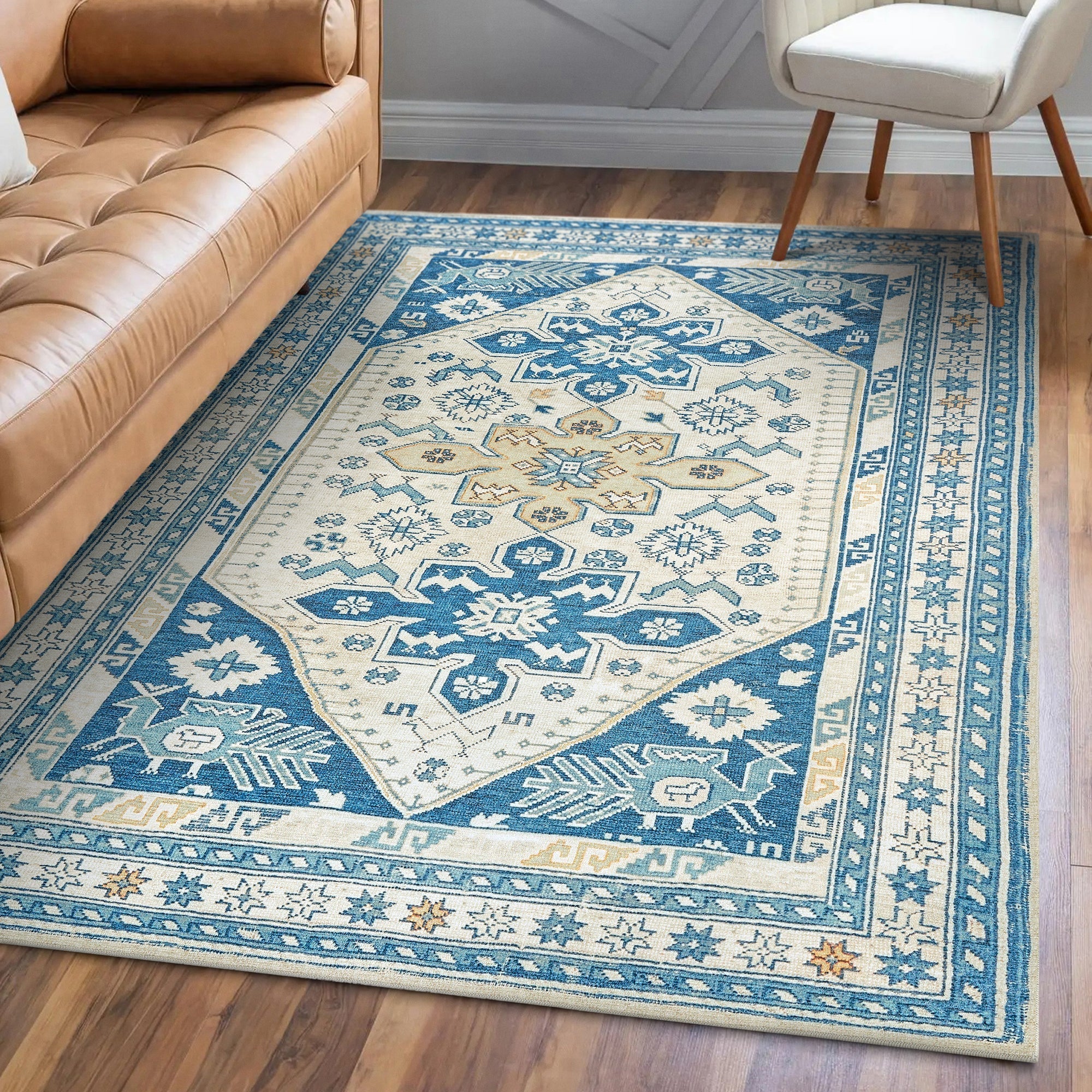 Saraz Blue Dining Room Washable Rug