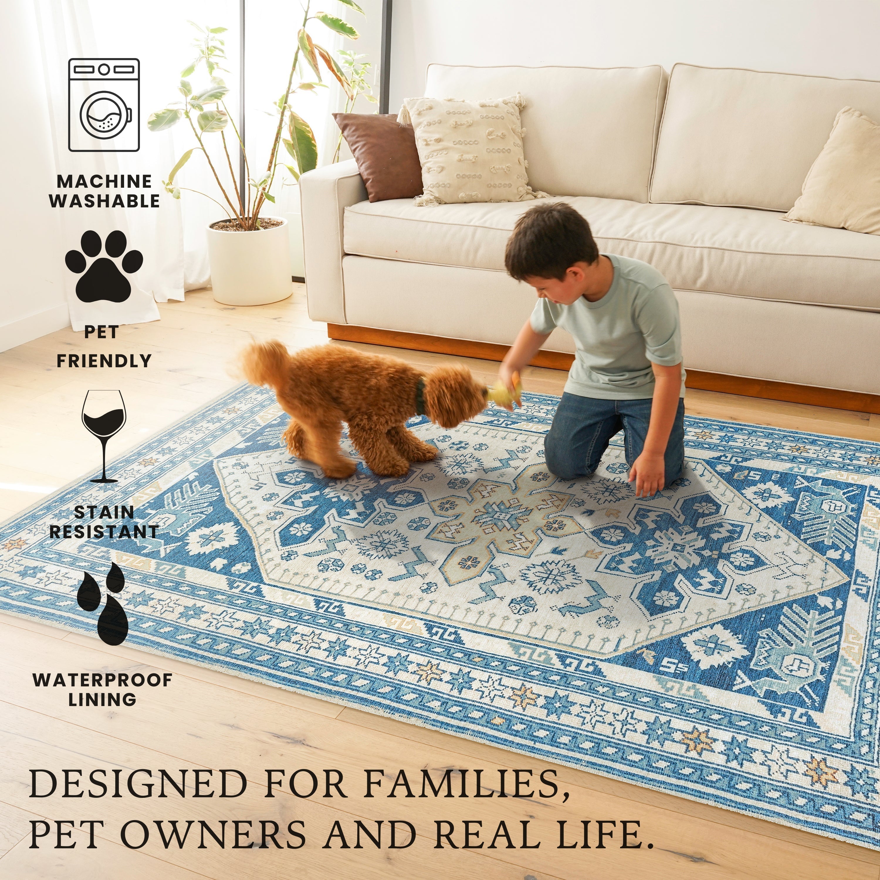 Saraz Blue Dining Room Washable Rug