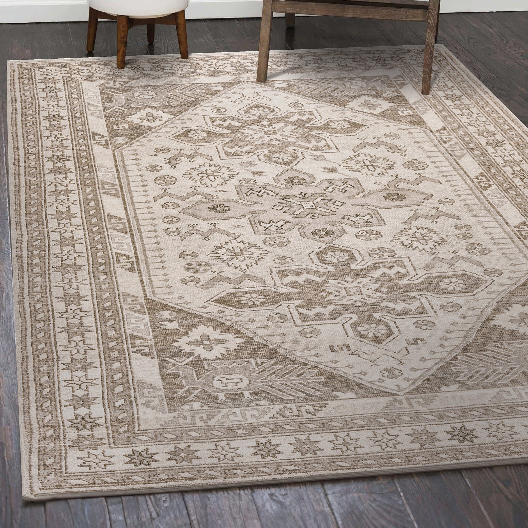Saraz Grey Silver Dining Room Washable Rug