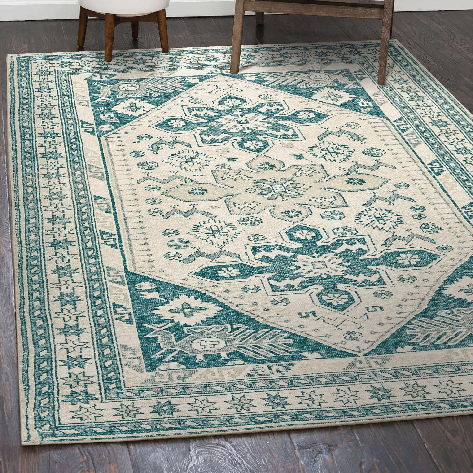 Saraz Teal Dining Room Washable Rug