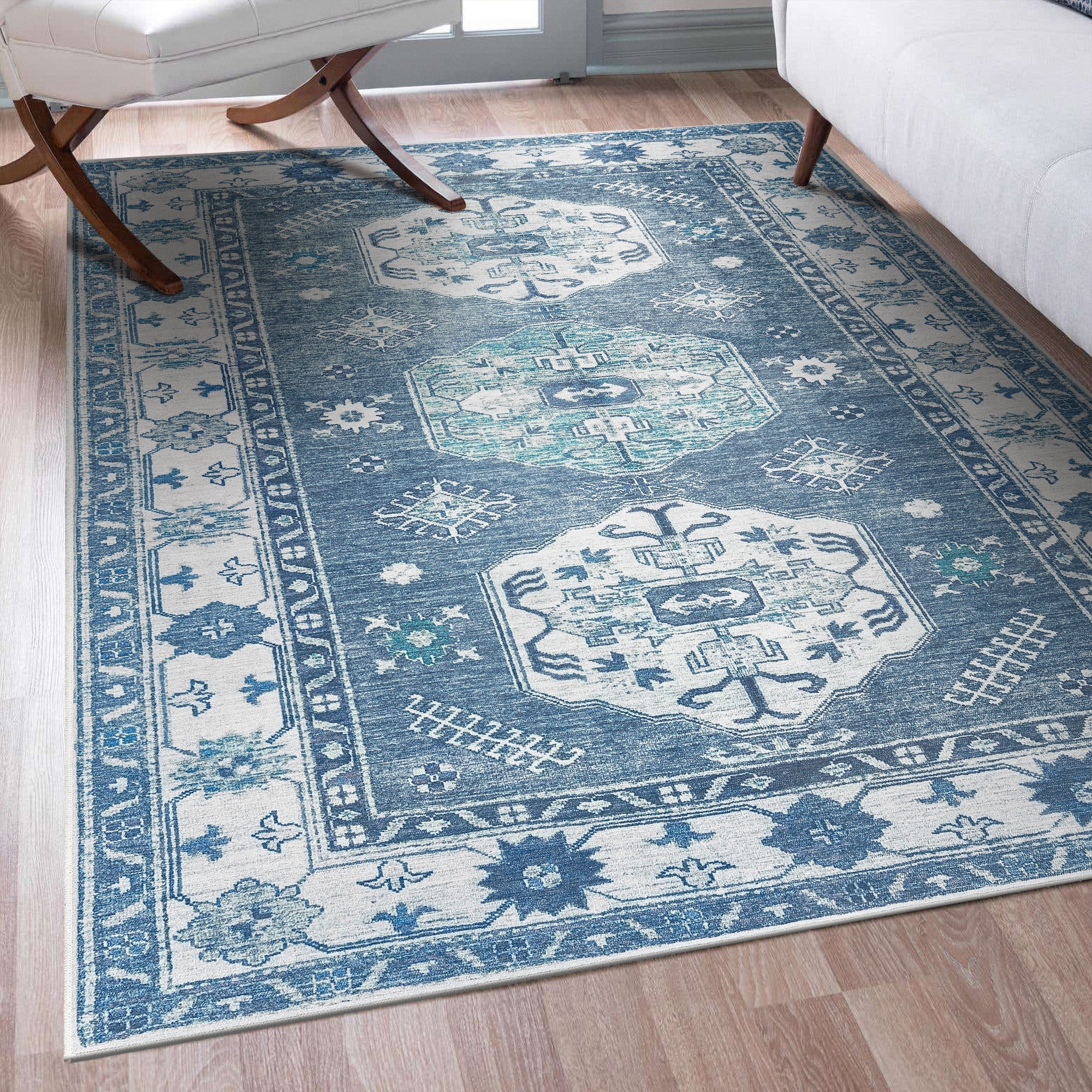 Shary Blue Dining Room Washable Rug