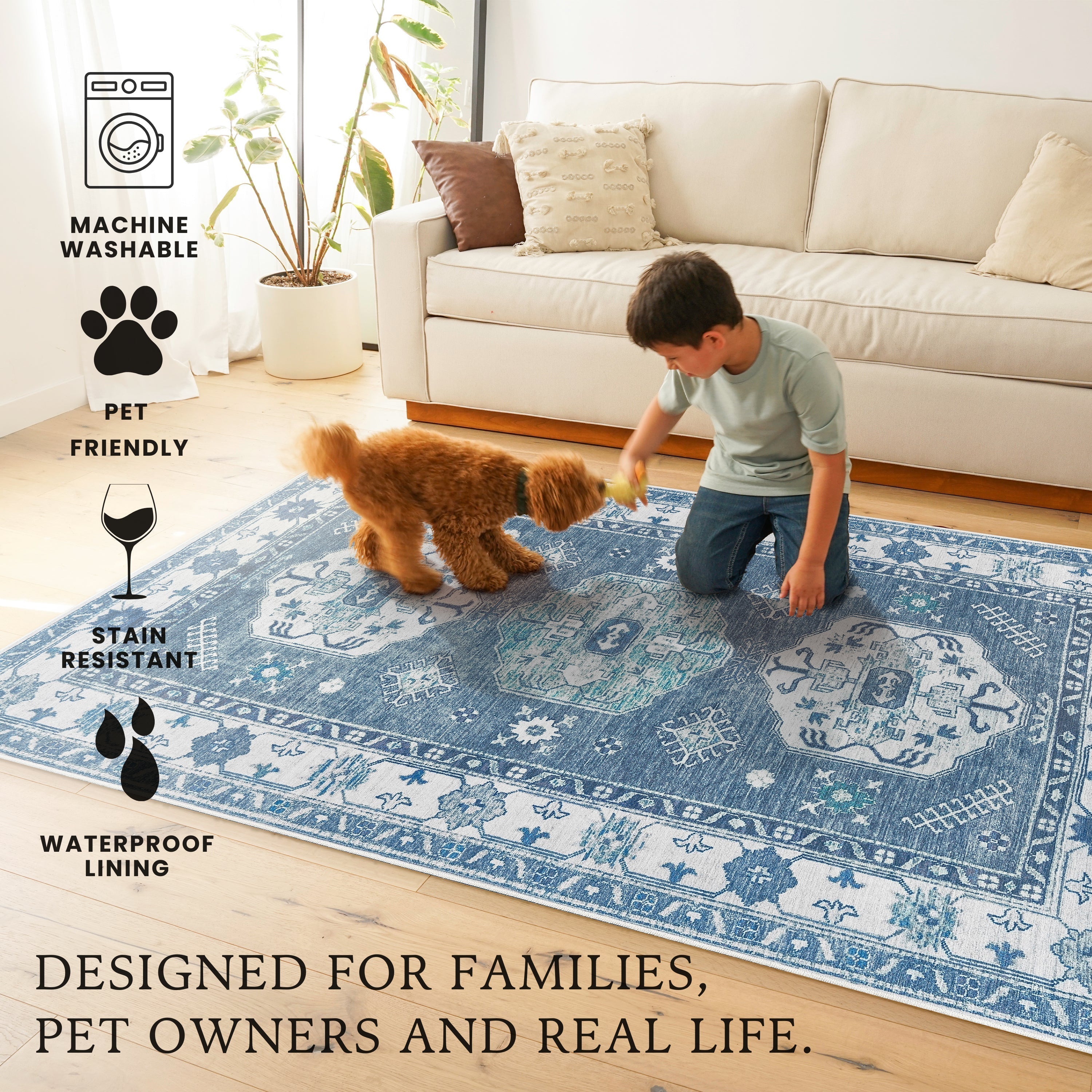Shary Blue Dining Room Washable Rug