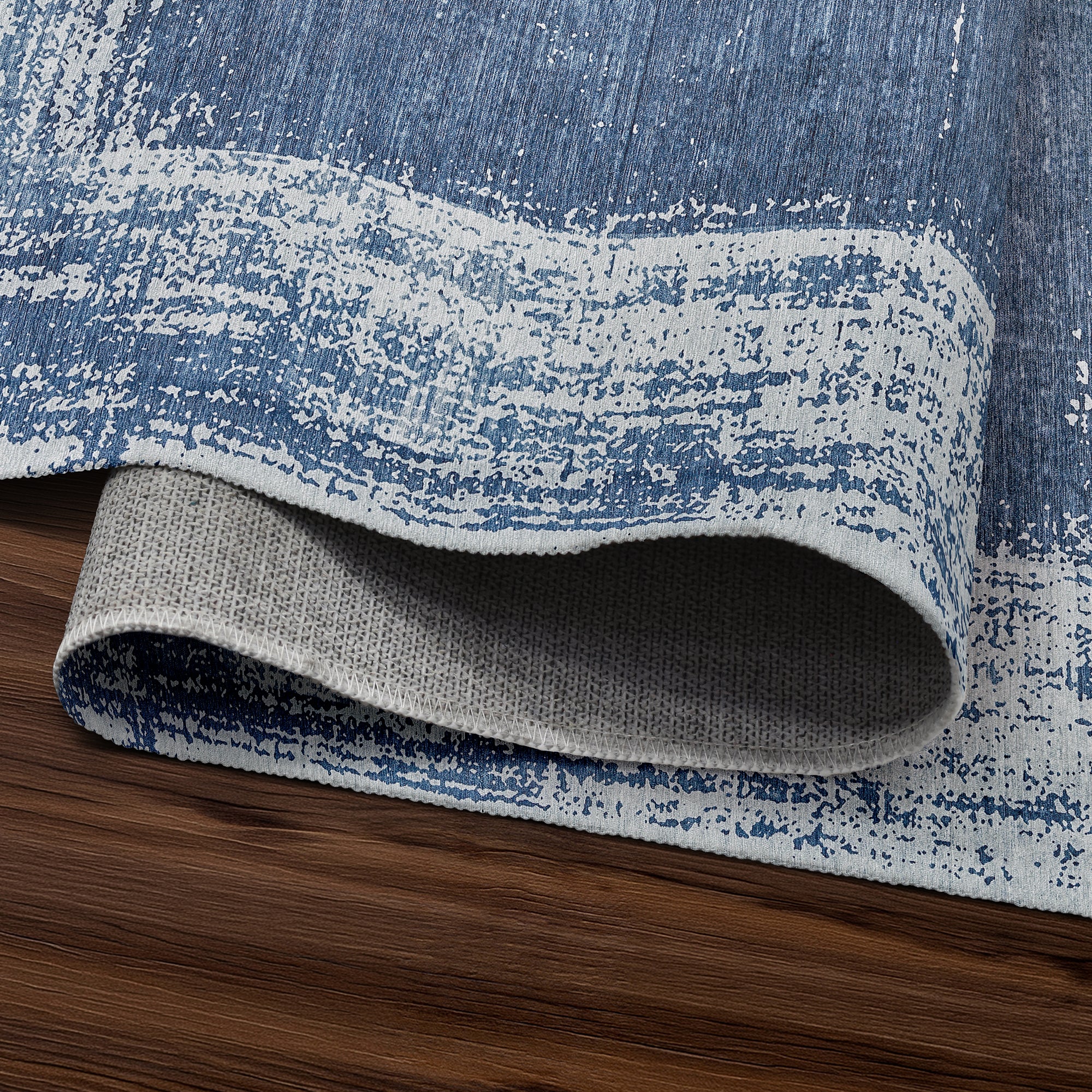 Amaya Bordered Abstract Navy Dining Room Washable Rug