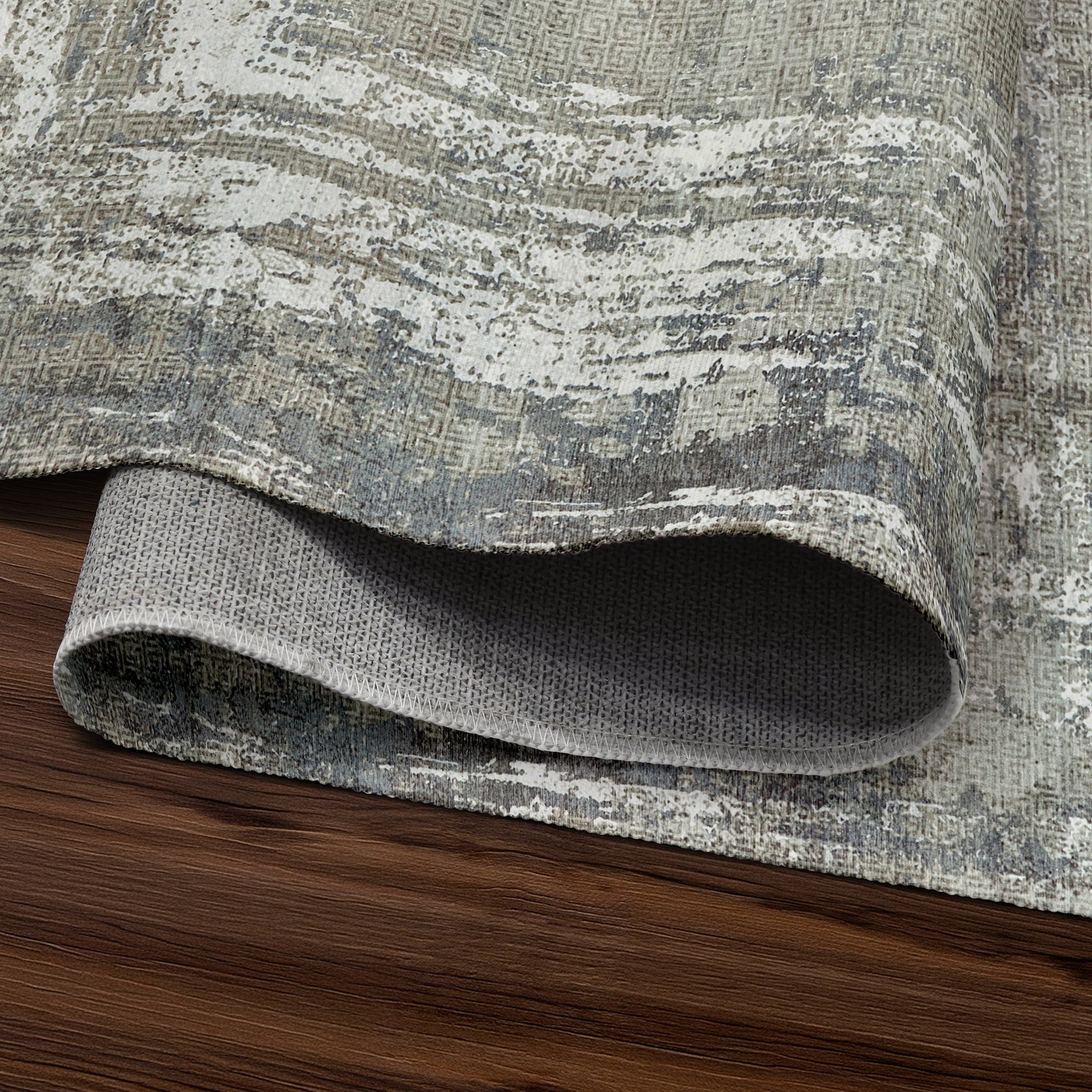 Amaya Bordered Abstract Greige Living Room Washable Rug