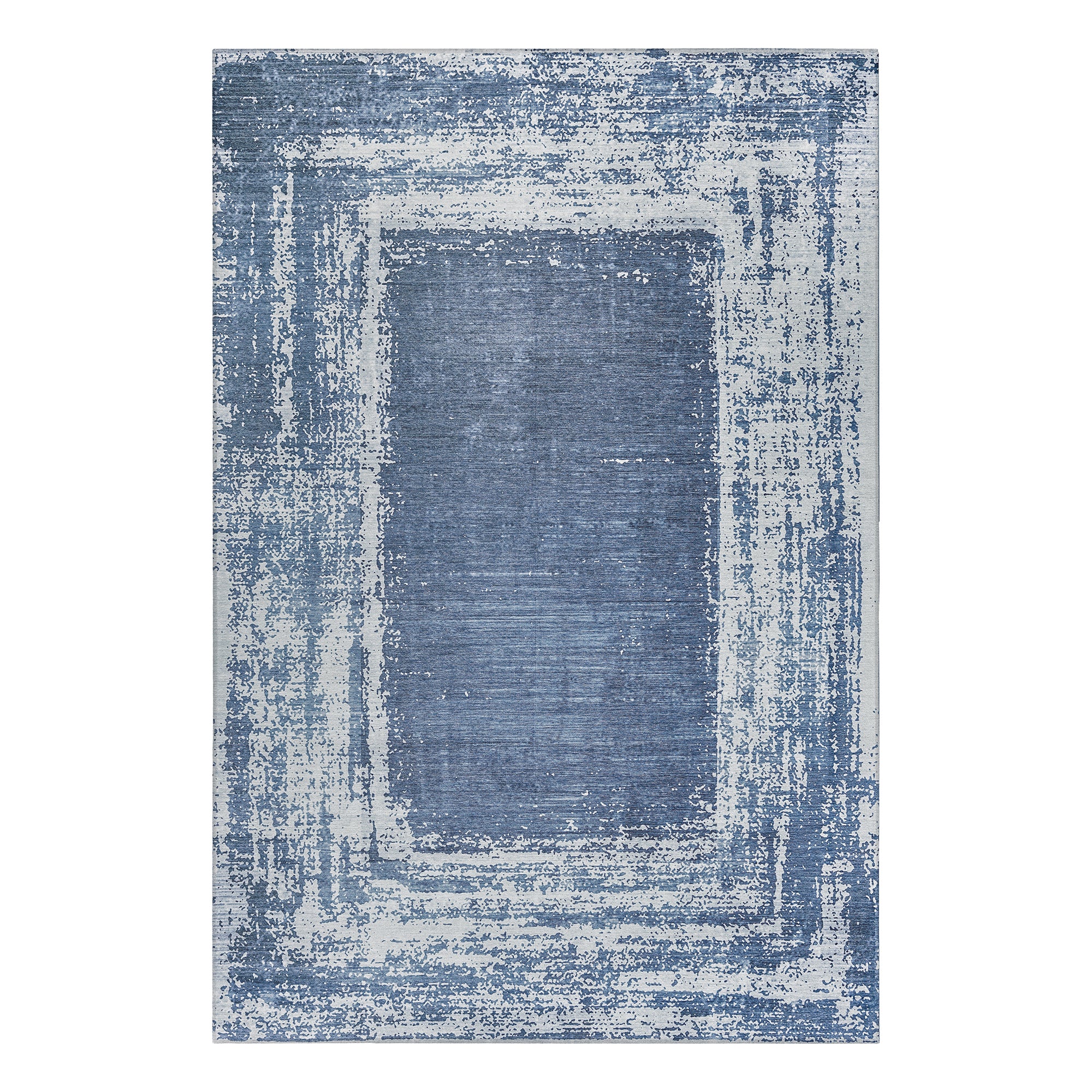 Amaya Bordered Abstract Navy Dining Room Washable Rug