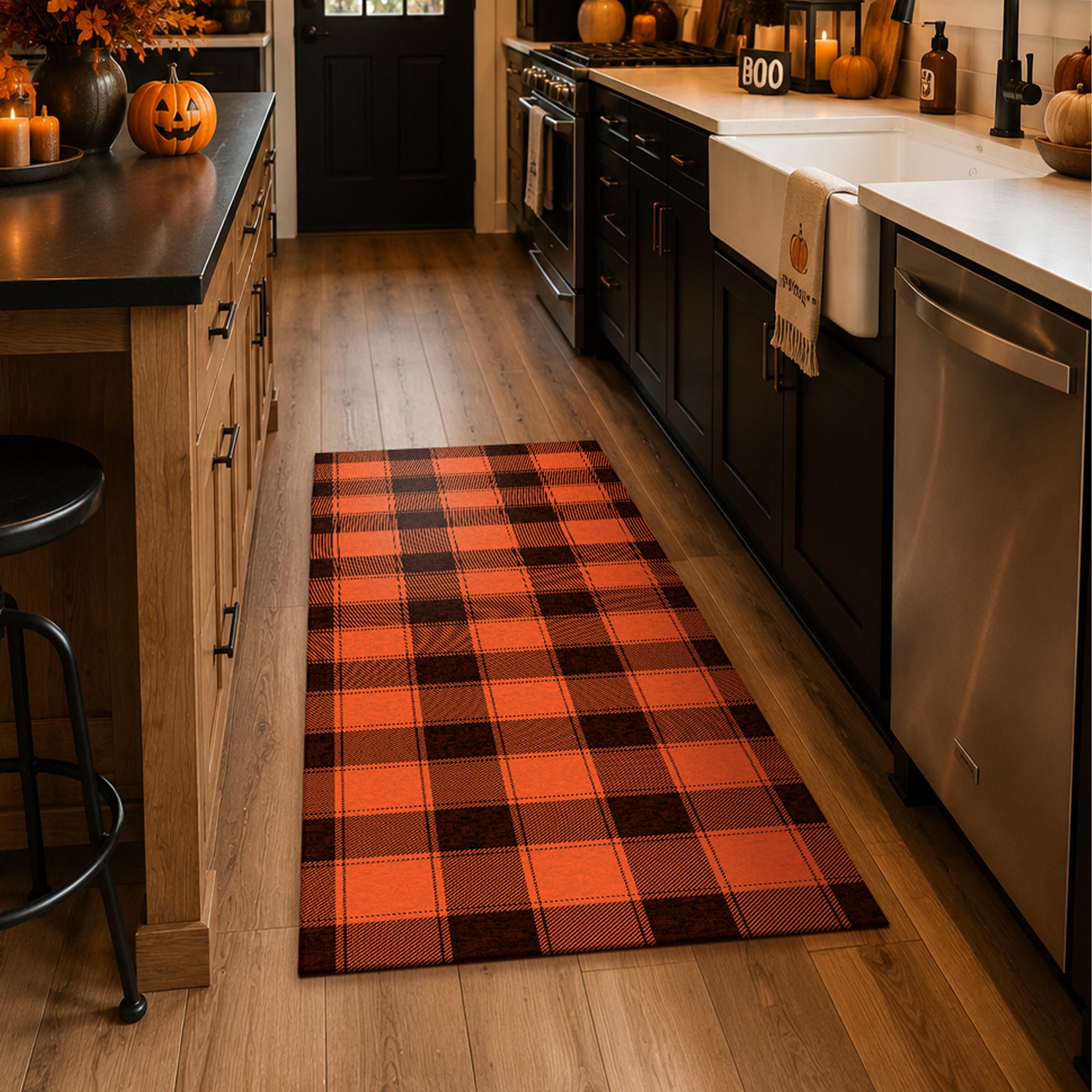 Buffalo Plaid Black Orange Machine Washable Rug