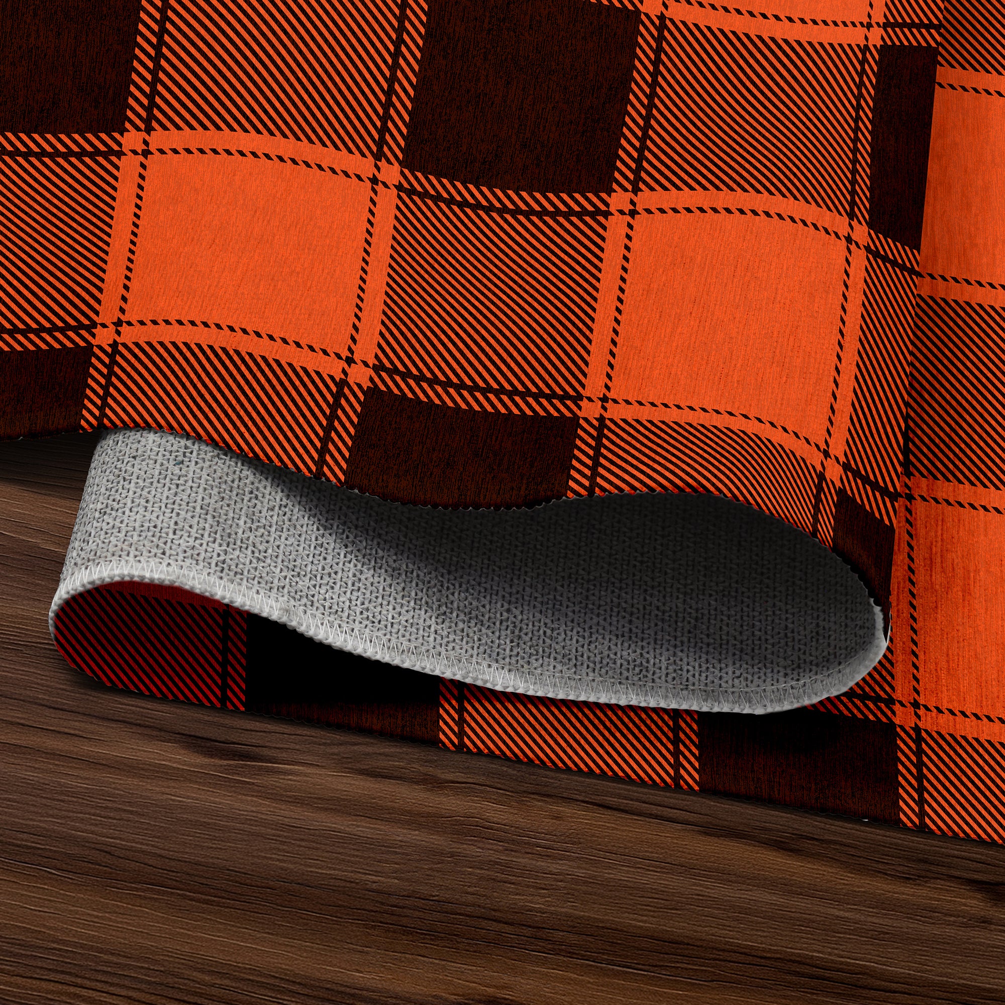 Buffalo Plaid Black Orange Machine Washable Rug