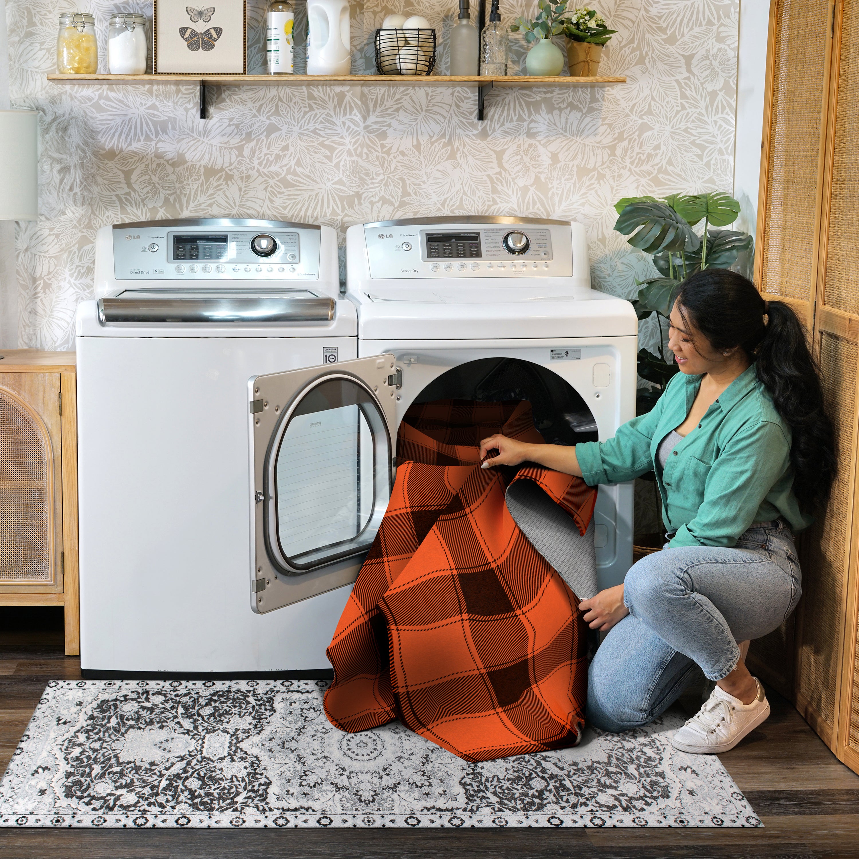 Buffalo Plaid Black Orange Machine Washable Rug