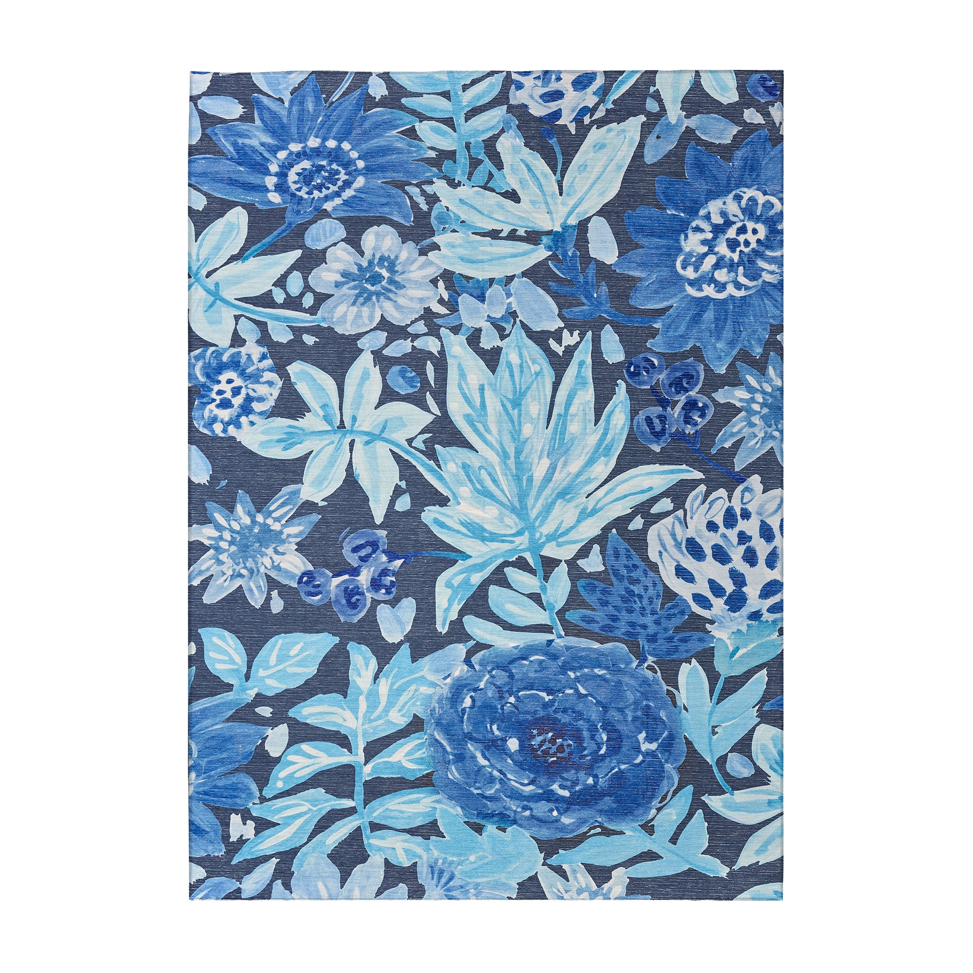 Floral Bloom Blue Dining Room Washable Rug
