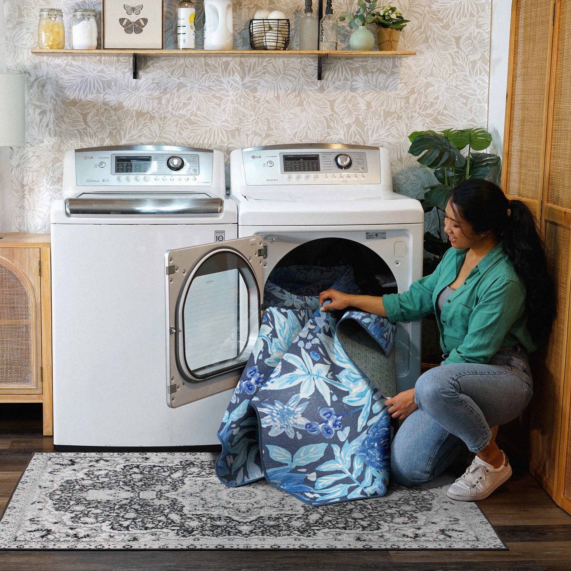 Floral Bloom Blue Kitchen Washable Rug
