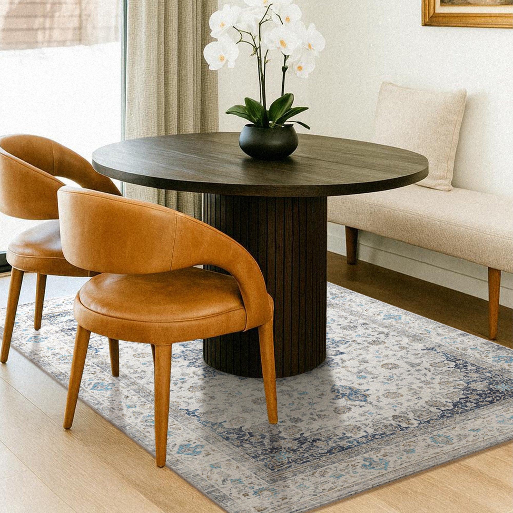 Vespera Medallion Silver Dining Room Machine Washable Rug