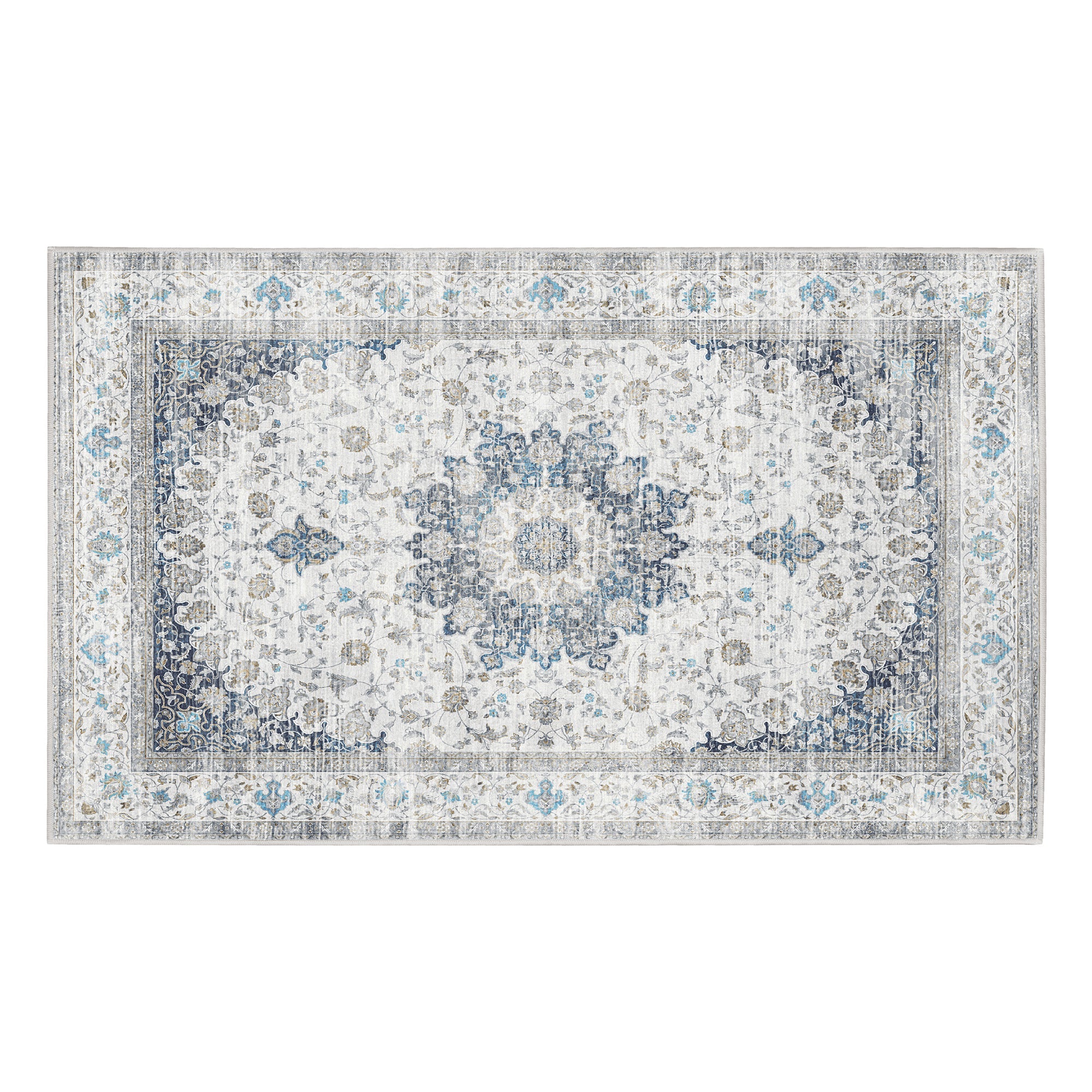 Vespera Medallion Silver Kitchen Machine Washable Rug