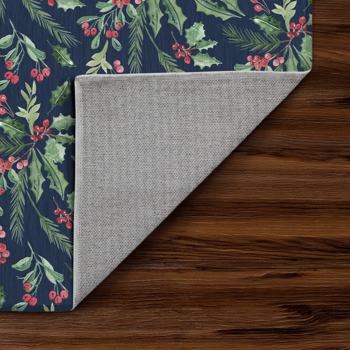 Holiday Winter Christmas Tradition Green Holly & Red Berries Machine Washable Area Rug, Blue, Green, Red Traditional design, Ruggable style washable rug for Living Room, Bedroom, Kitchen and Hallway.