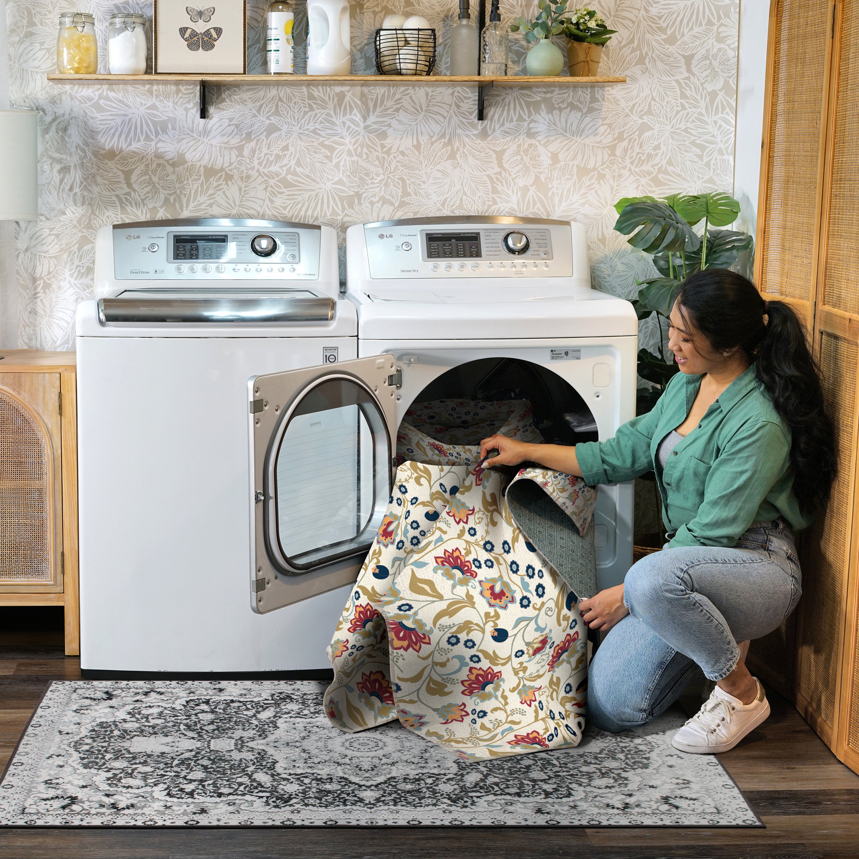 Zinnea Floral Red Blue Machine Washable Rug