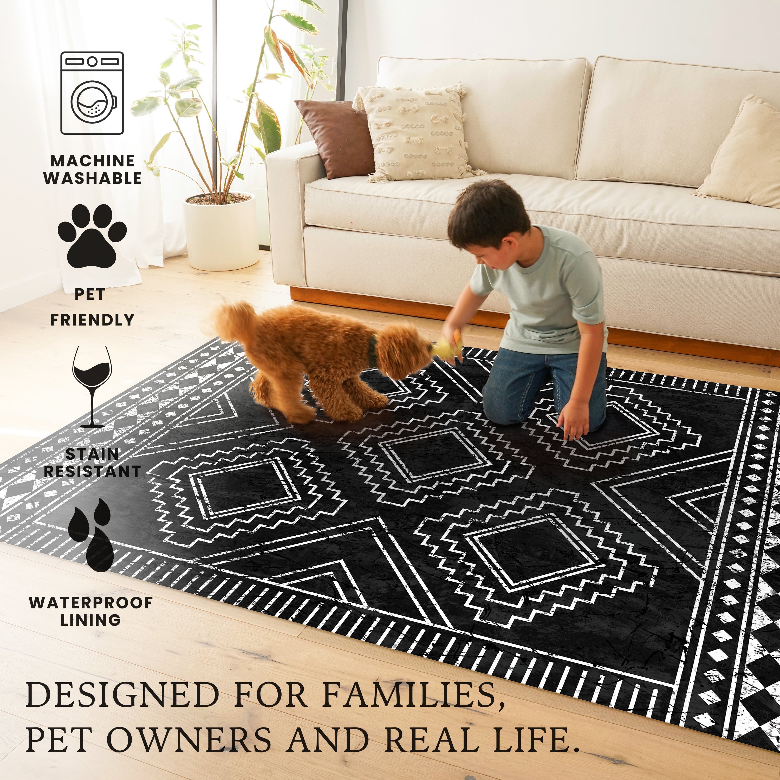 Capri Triangle Black White Machine Washable Rug