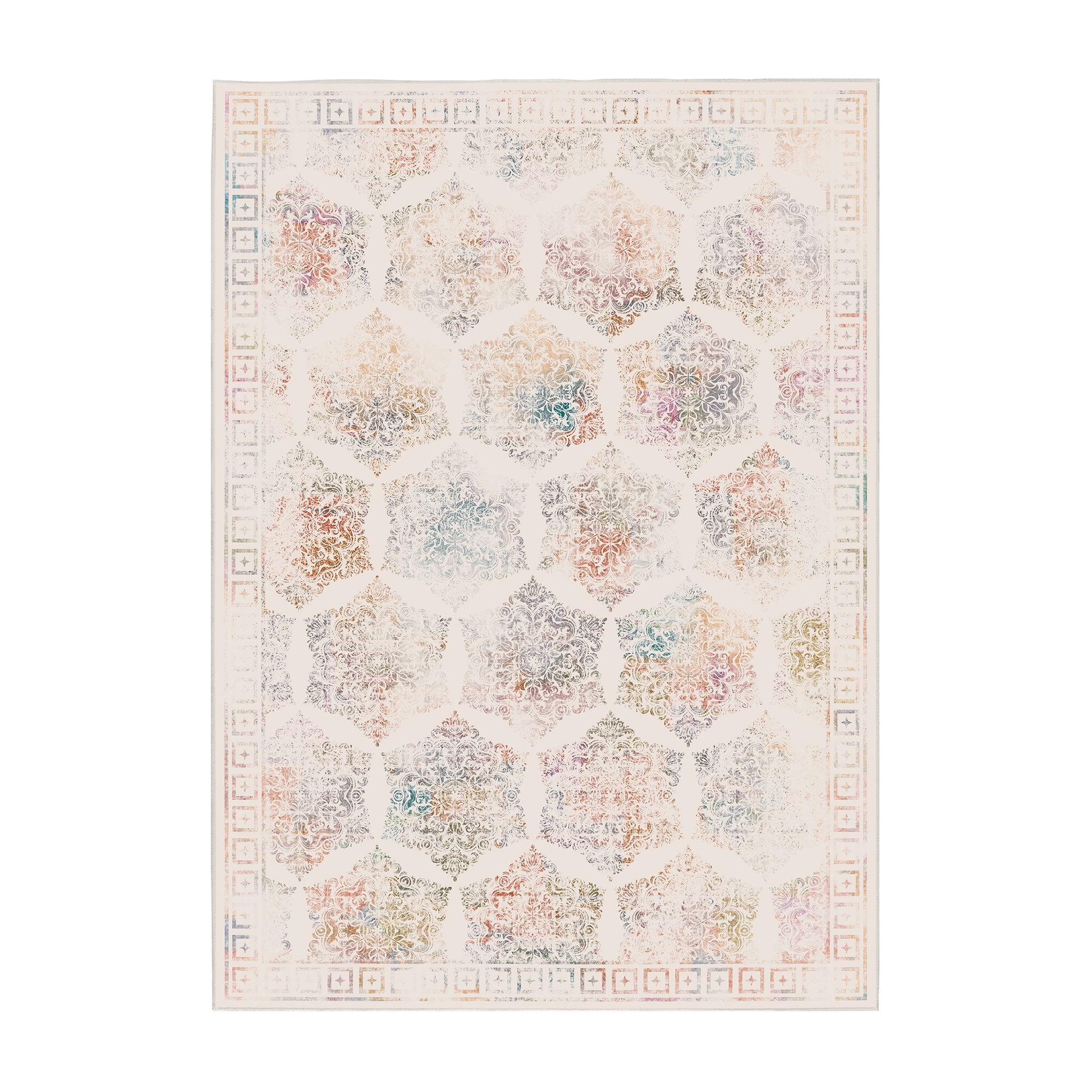 Delilah Damask Cream Machine Washable Rug