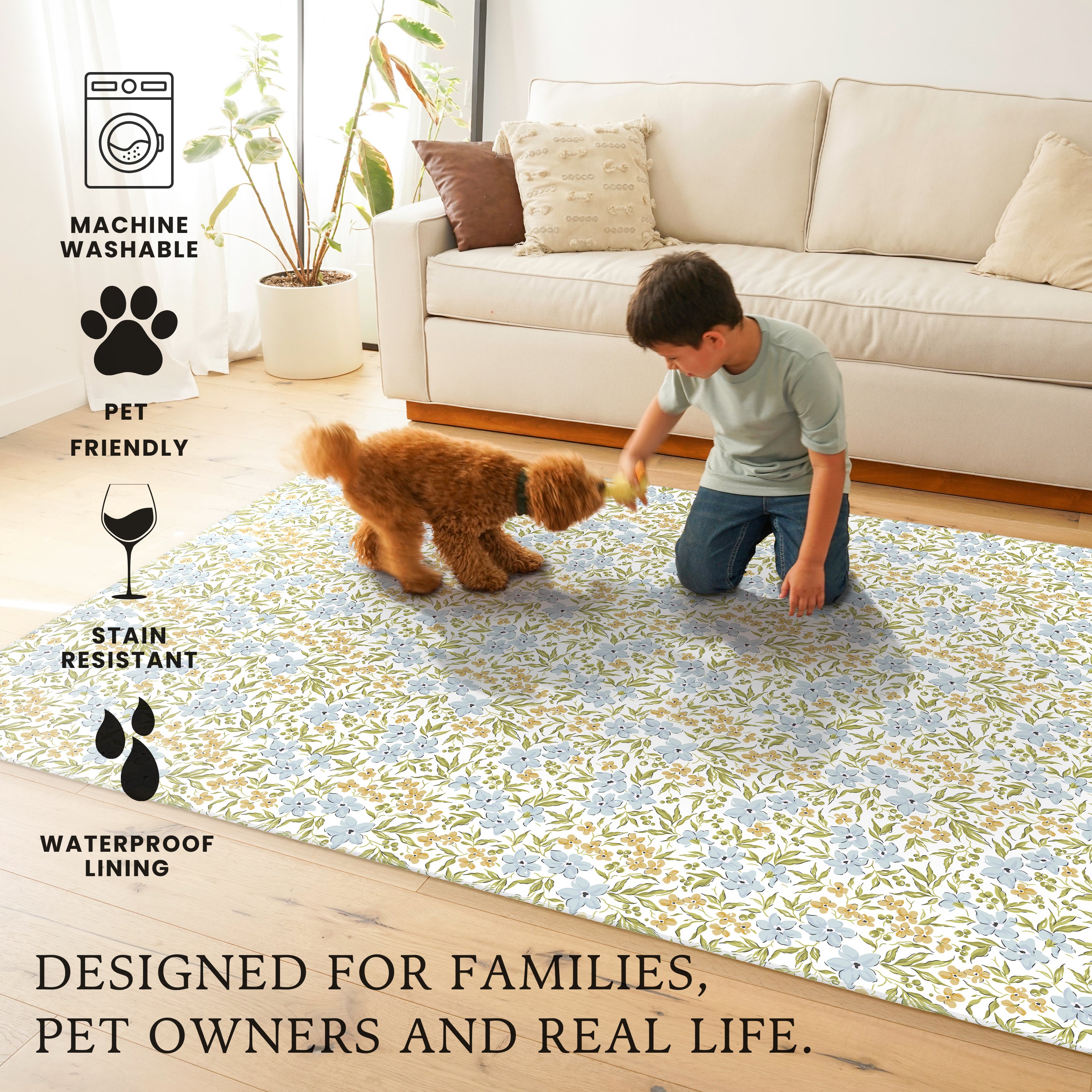 Eloise Floral Blue Machine Washable Rug