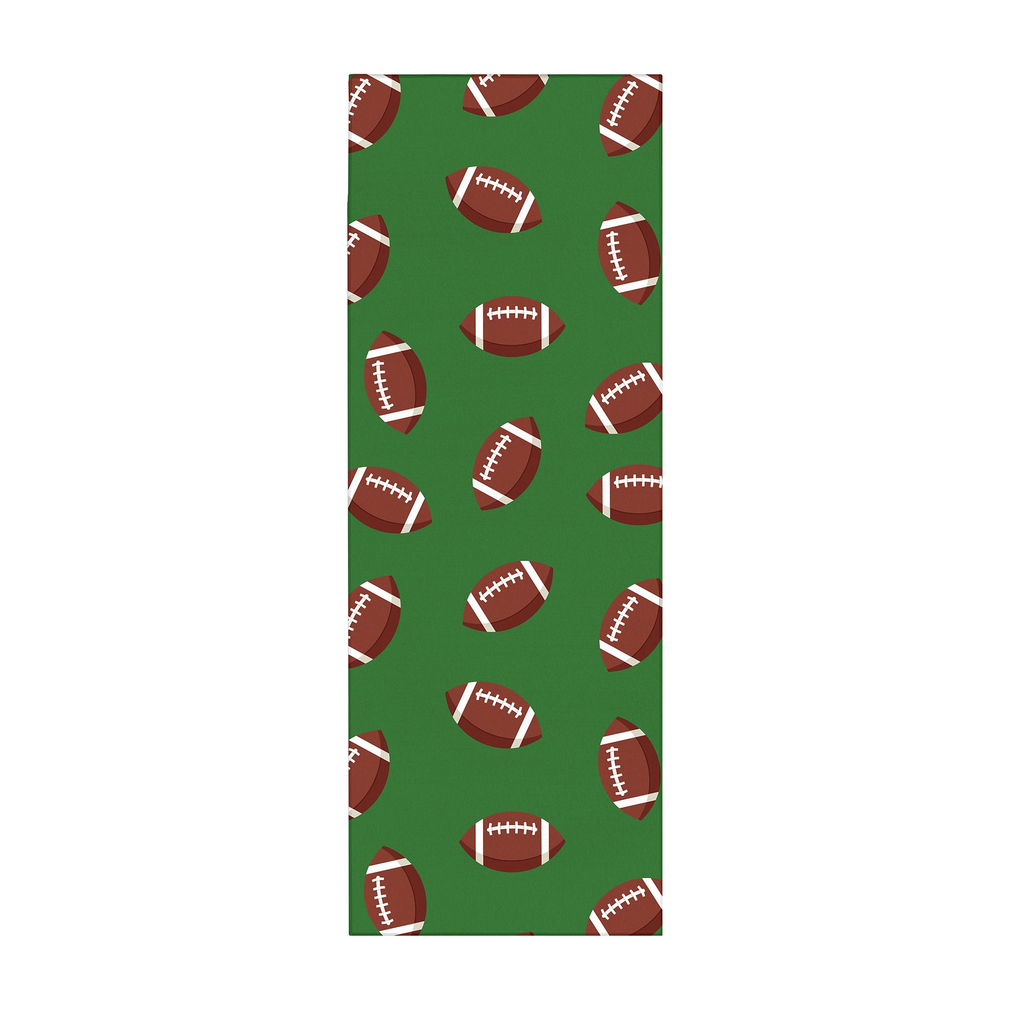 Green football pattern 2.5x7 runner rug with brown footballs and white laces for boys rooms, game rooms, hallways and fan spaces.