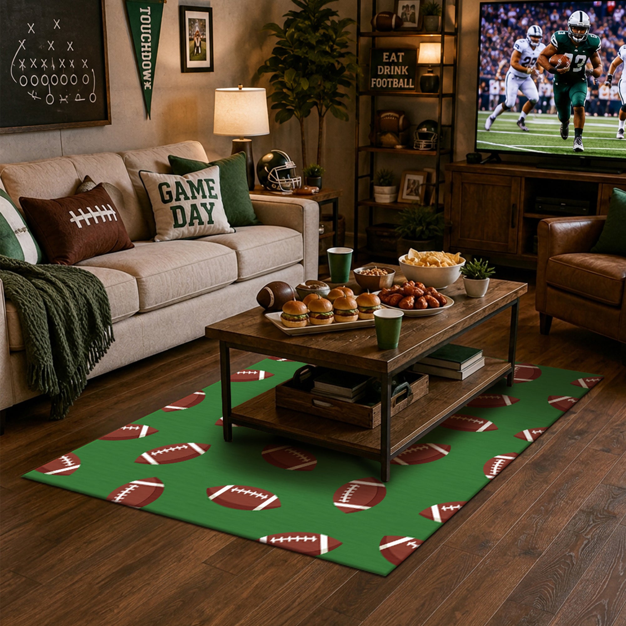 Football Pattern Green Machine Washable Rug