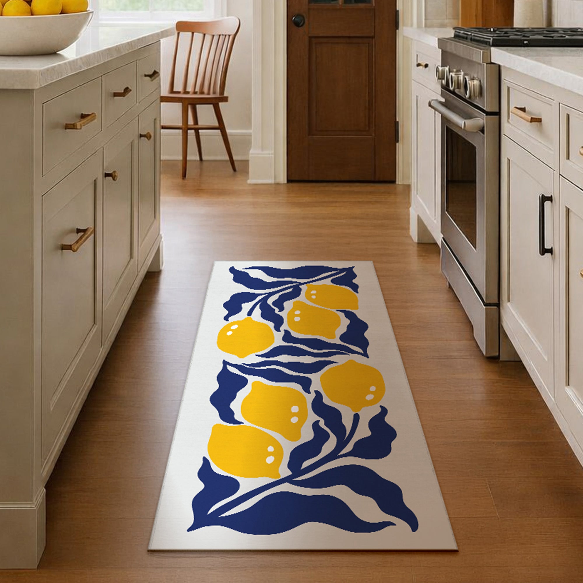 Modern Lemons Navy Yellow Lt. Grey Machine Washable Rug