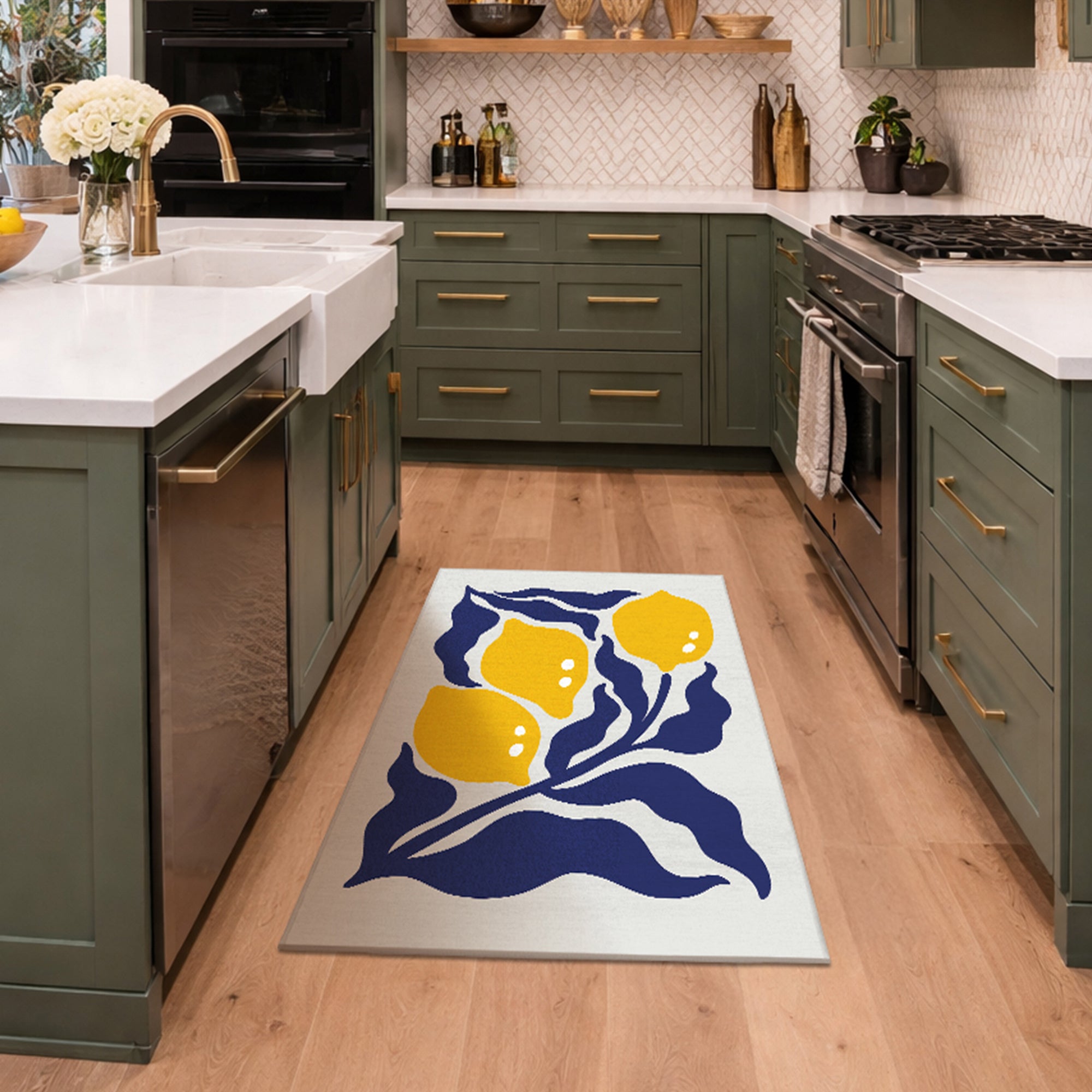 Modern Lemons Navy Yellow Lt. Grey Machine Washable Rug