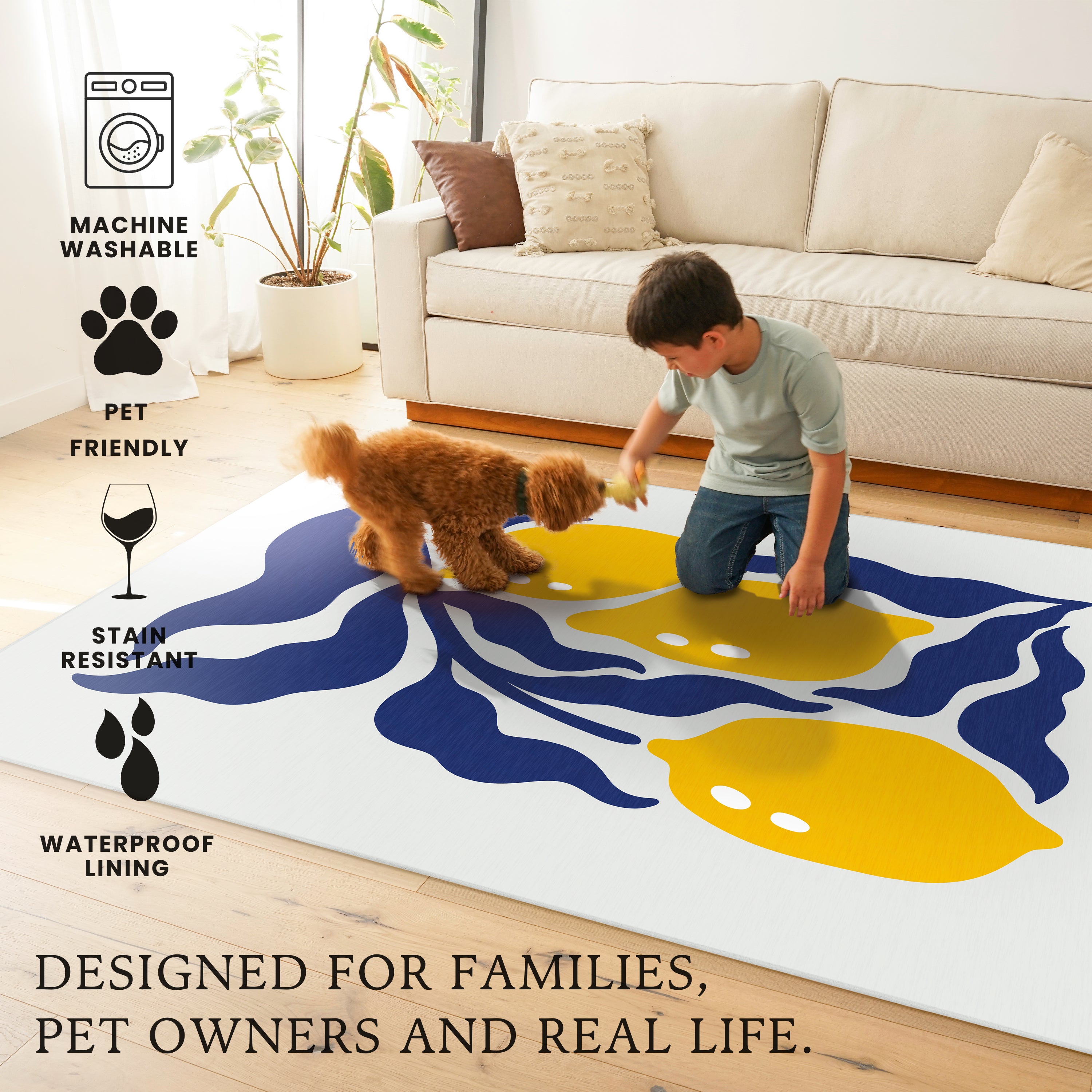 Modern Lemons Navy Yellow Lt. Grey Machine Washable Rug