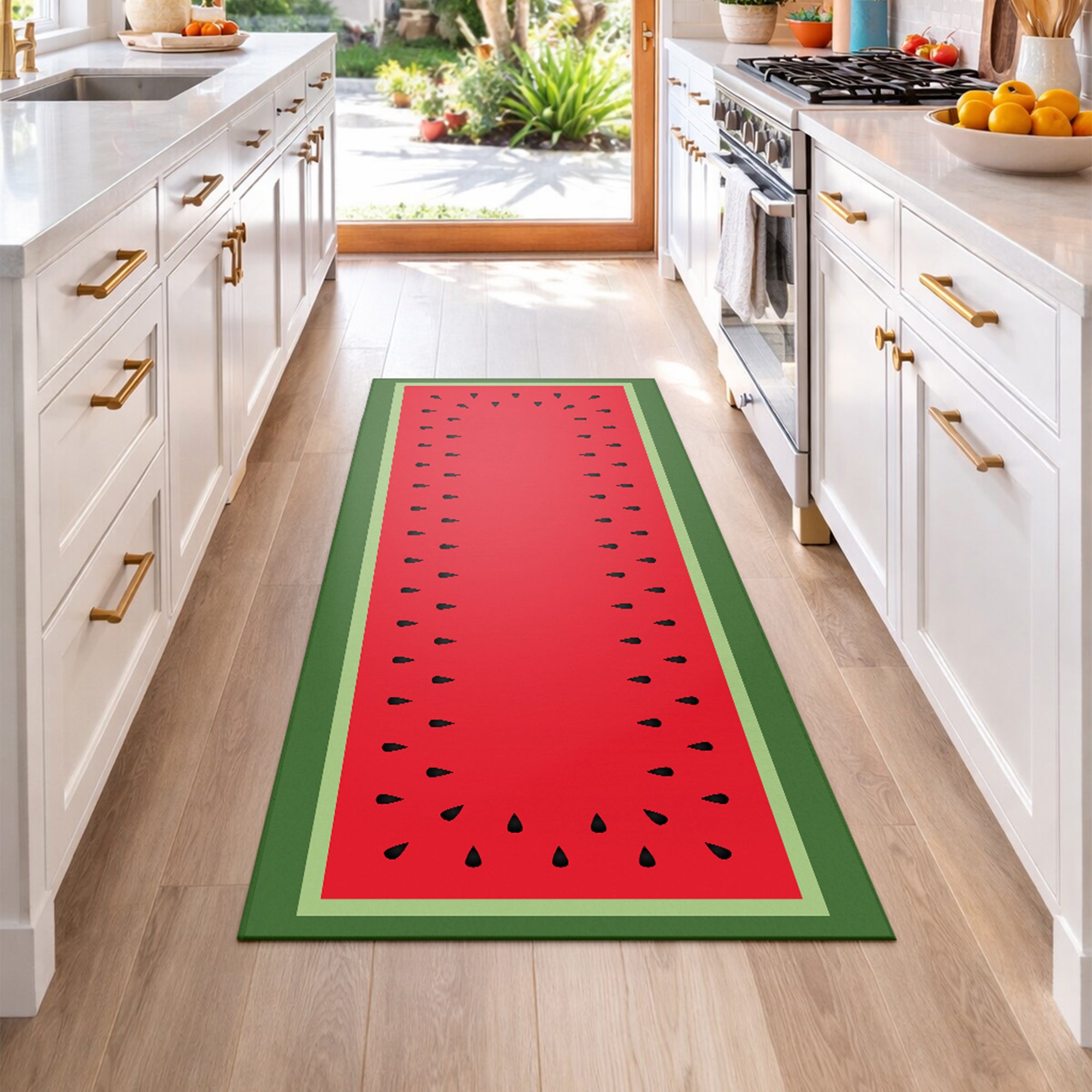 Watermelon Tray Red Green Black Machine Washable Rug