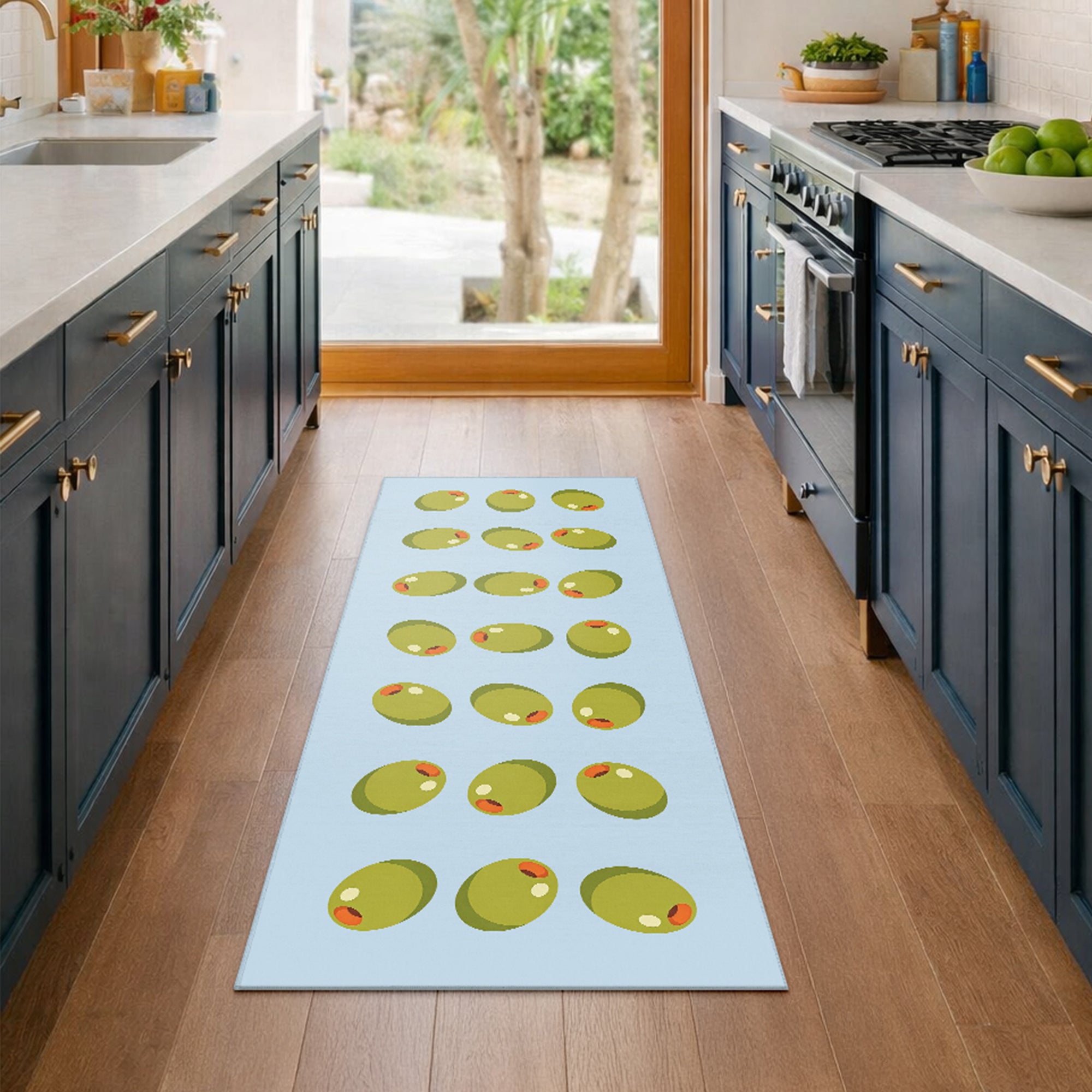 Stuffed Olives Green Light Blue Machine Washable Rug