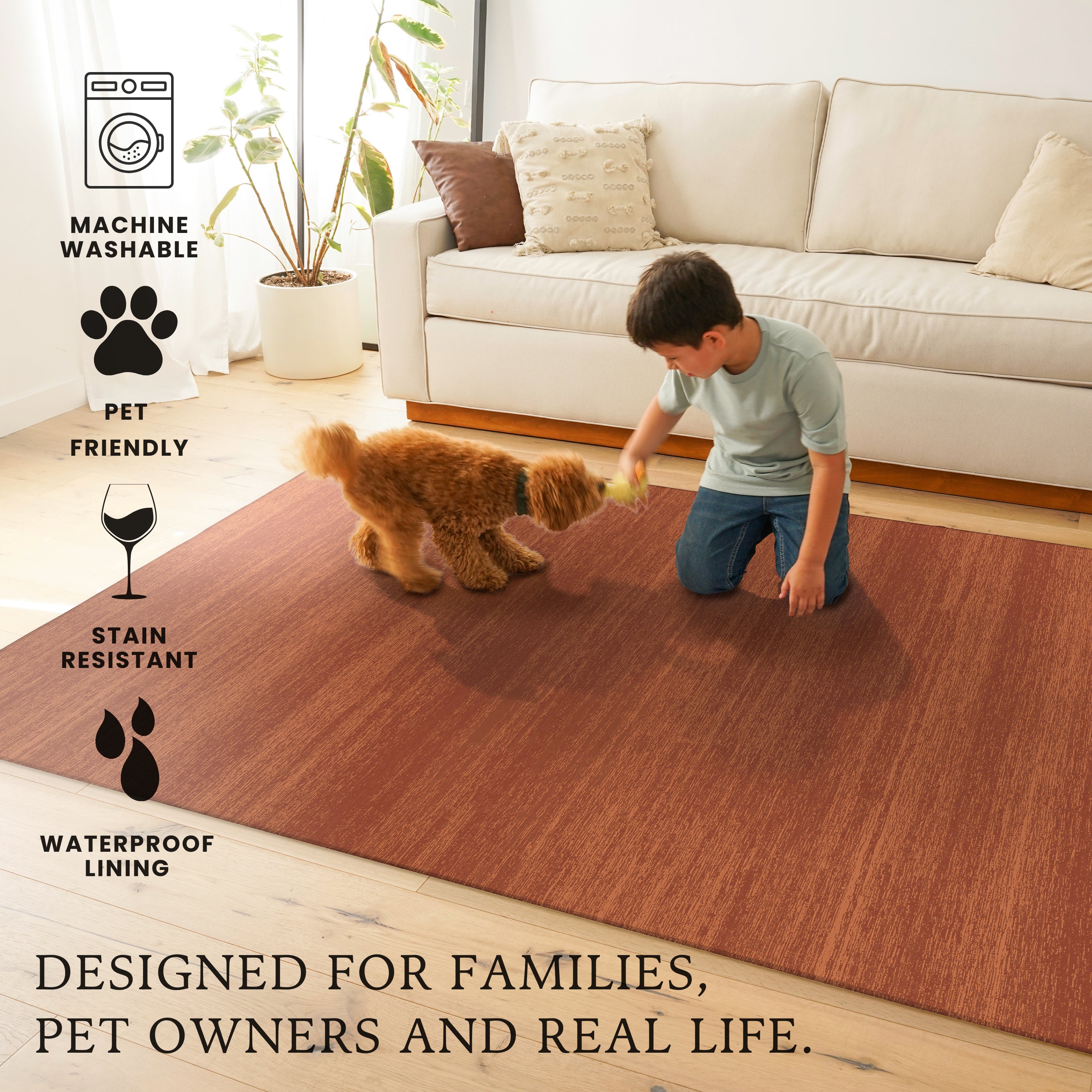 Solid Brick Machine Washable Rug