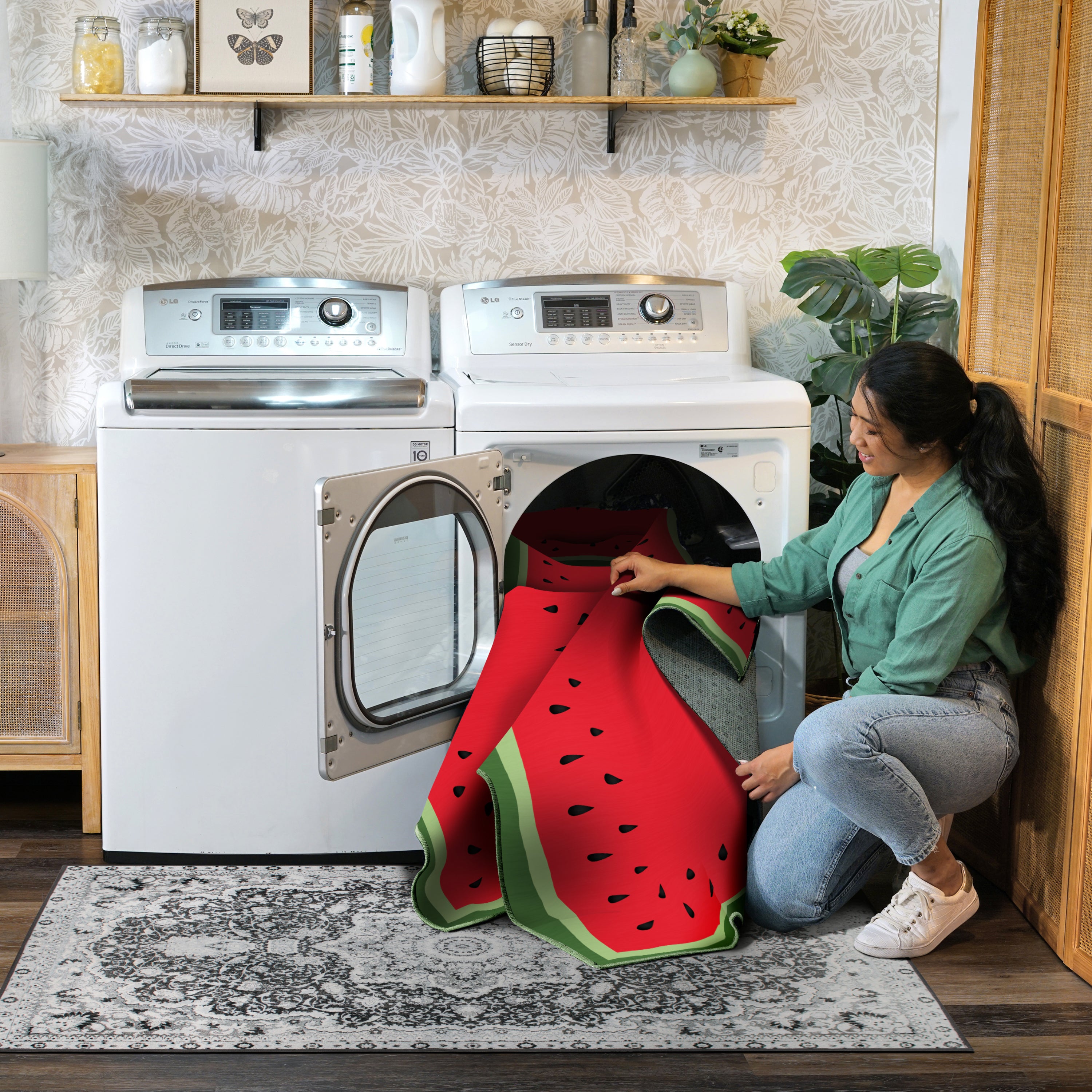 Watermelon Tray Red Green Black Machine Washable Rug