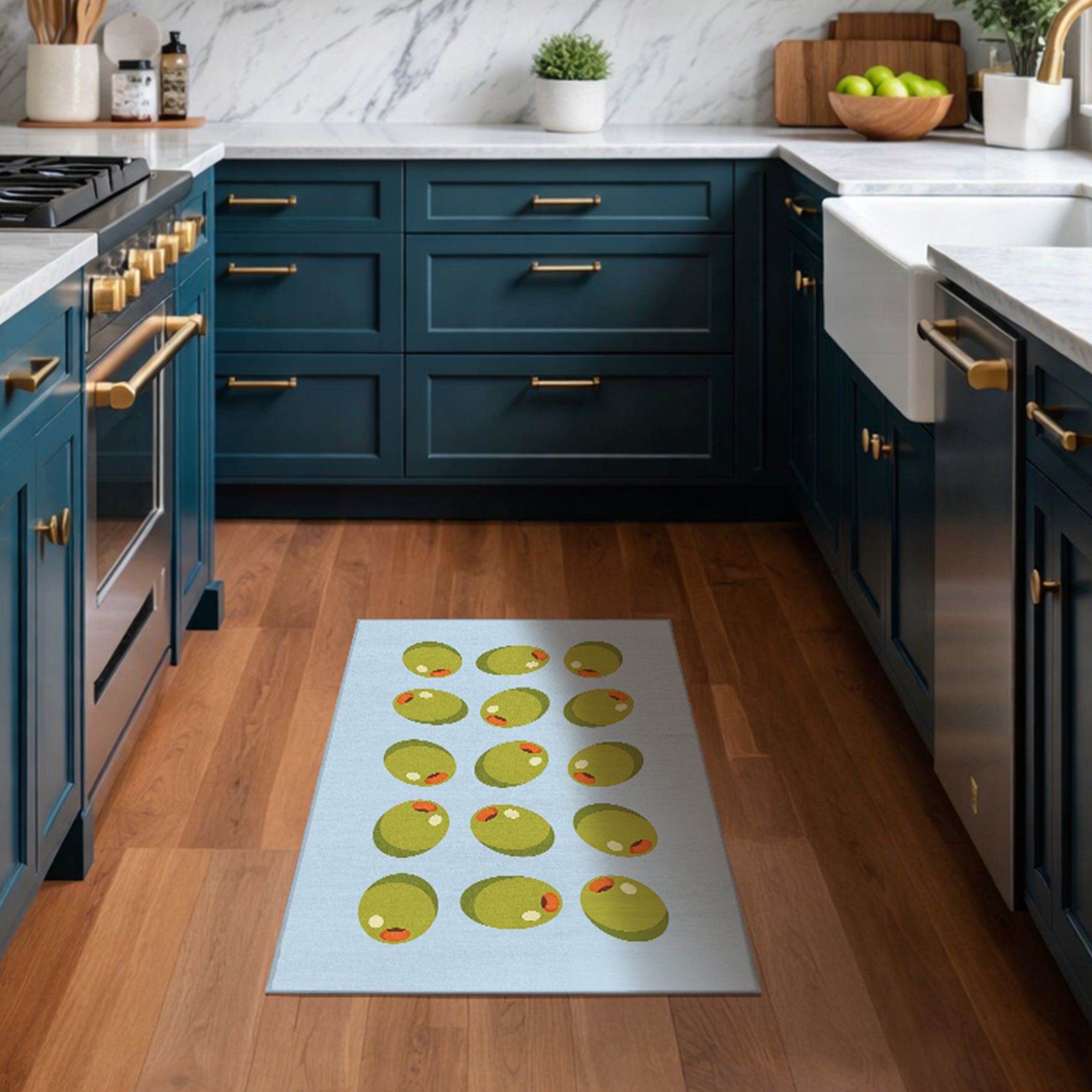 Stuffed Olives Green Light Blue Kitchen Washable Rug