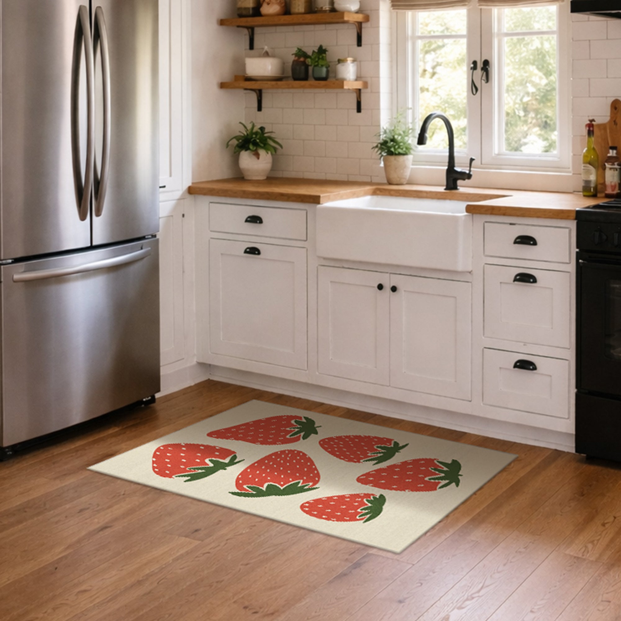 Strawberry Patch Red Green Beige Machine Washable Rug
